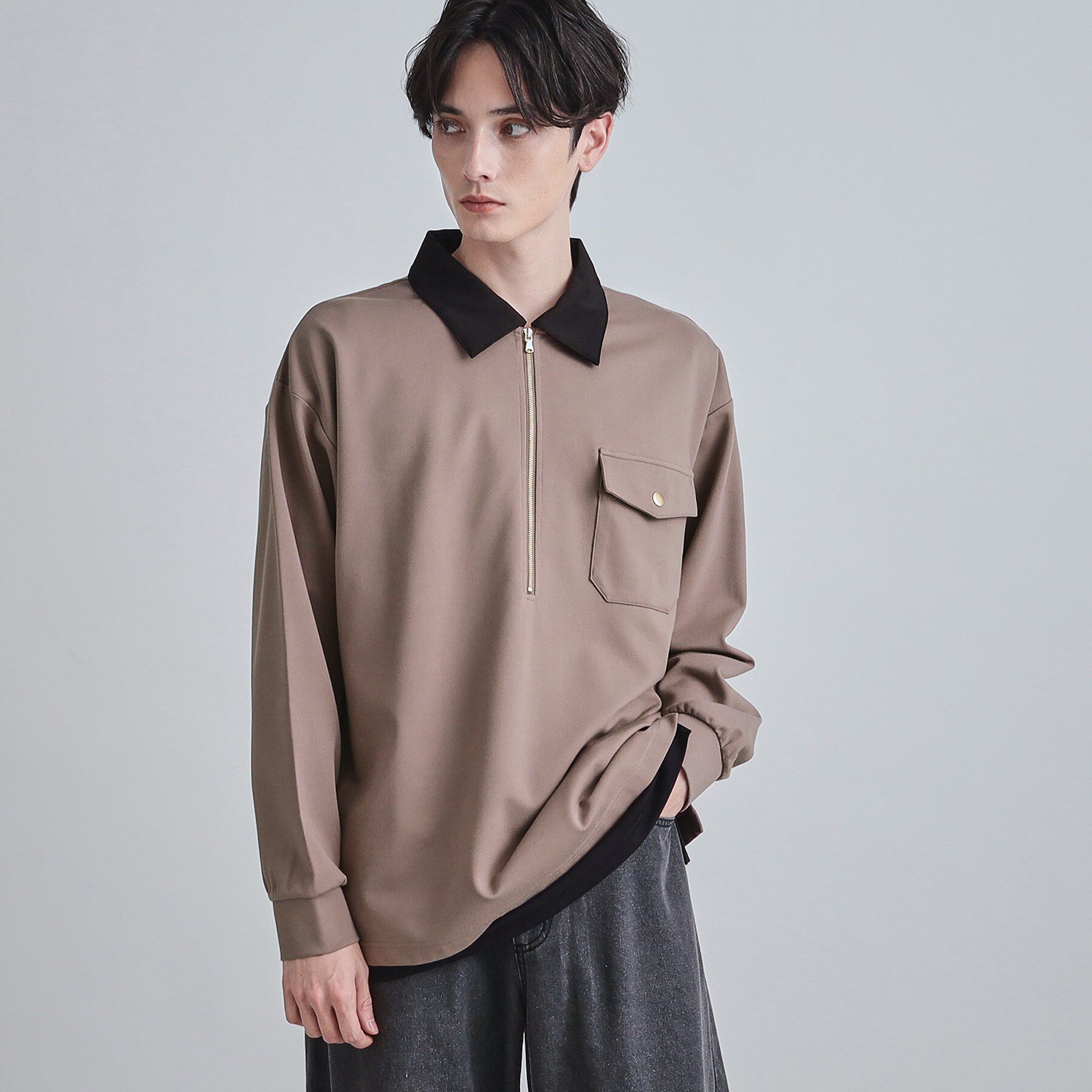 tk.TAKEO KIKUCHI「ハードポンチクレリックハーフジップカットソー/ポケット/襟配色/バイカラー」|Tシャツ・カットソー|トープ(054)