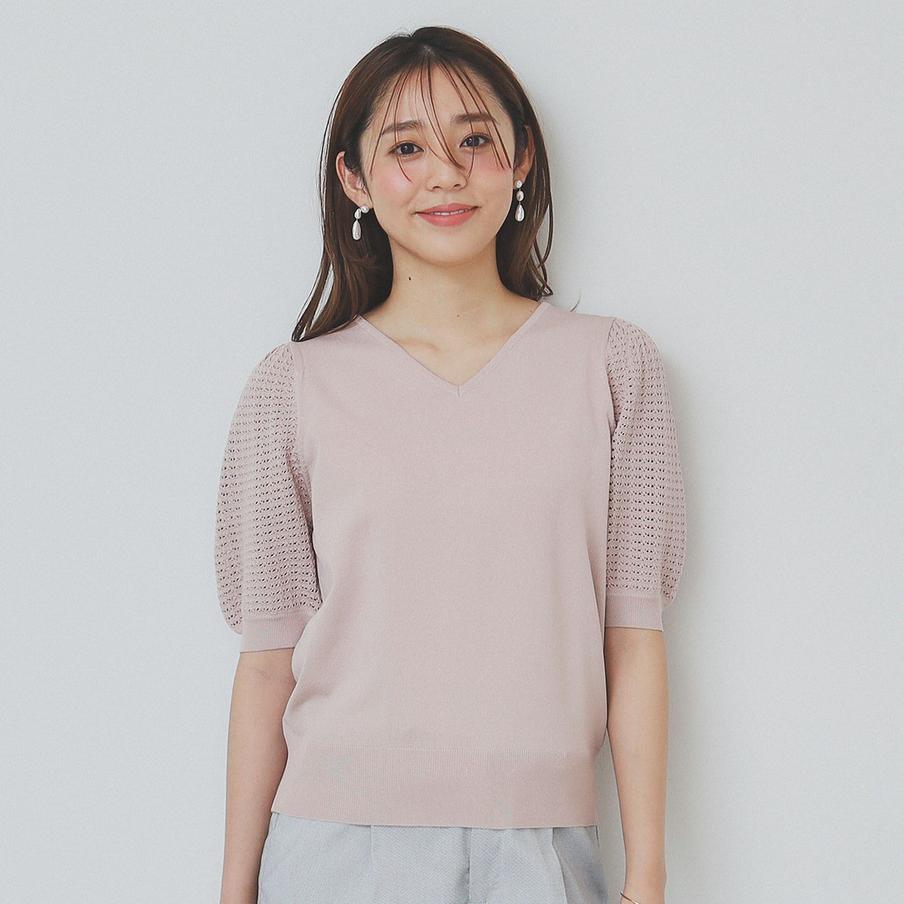 index「《5色展開》柄編みスリーブVネックニット【洗濯機洗い可】」|ニット・セーター|