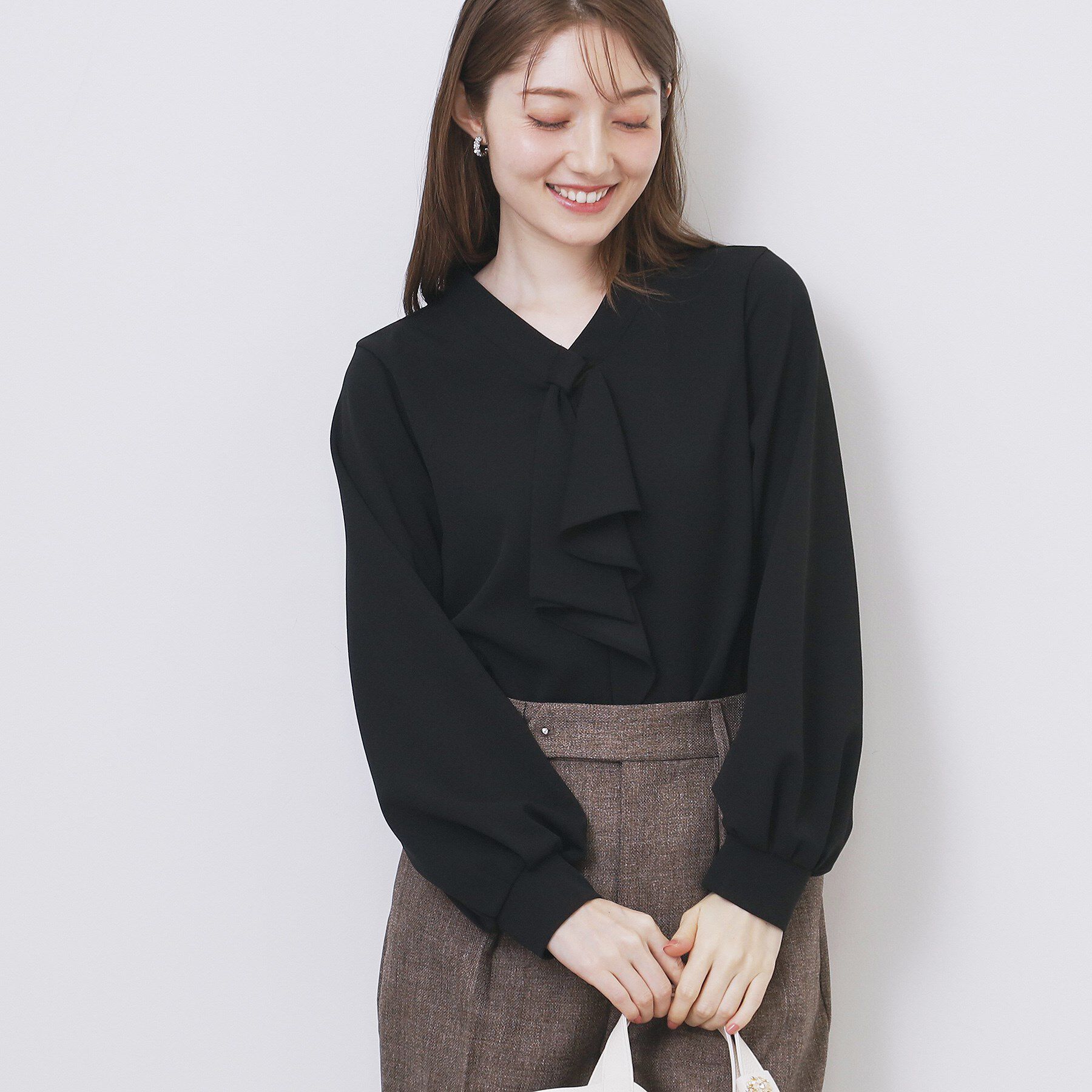 index「ボウタイフリルトップス【洗濯機OK/ストレッチ/イージーアイロン/防シワ】《S～3L》」|Tシャツ・カットソー|ブラック(819)