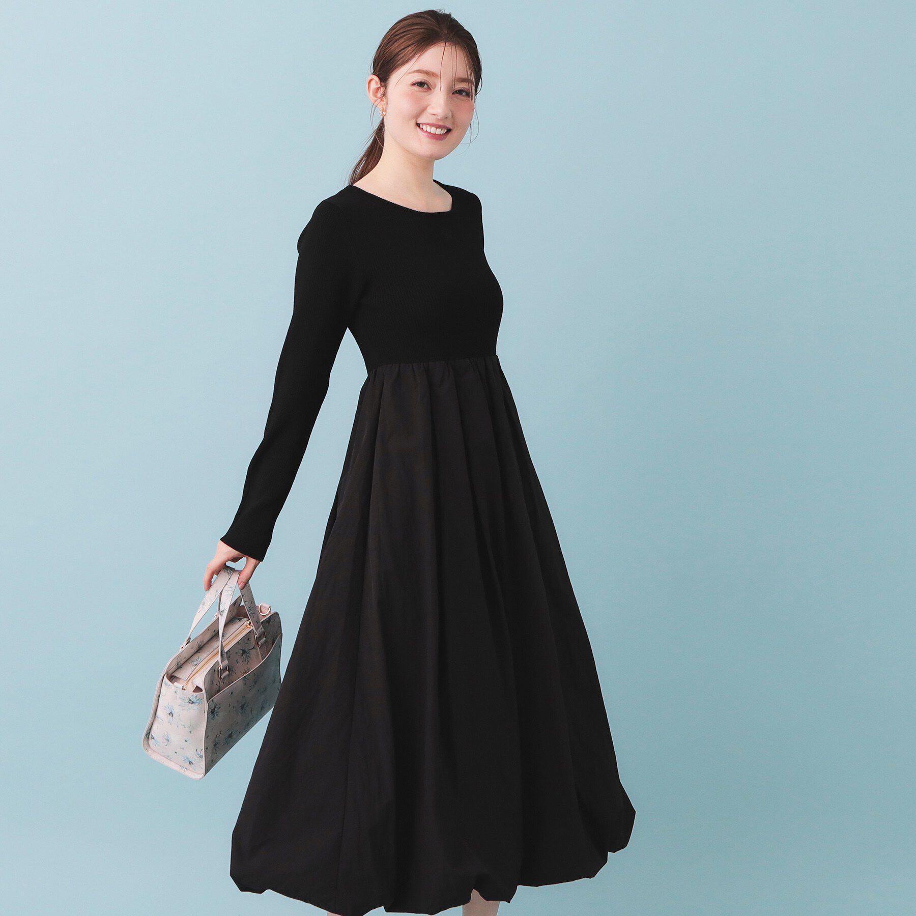 index「ドッキングバルーンロングフレアワンピース【洗濯機OK】」|ワンピース|ブラック(019)