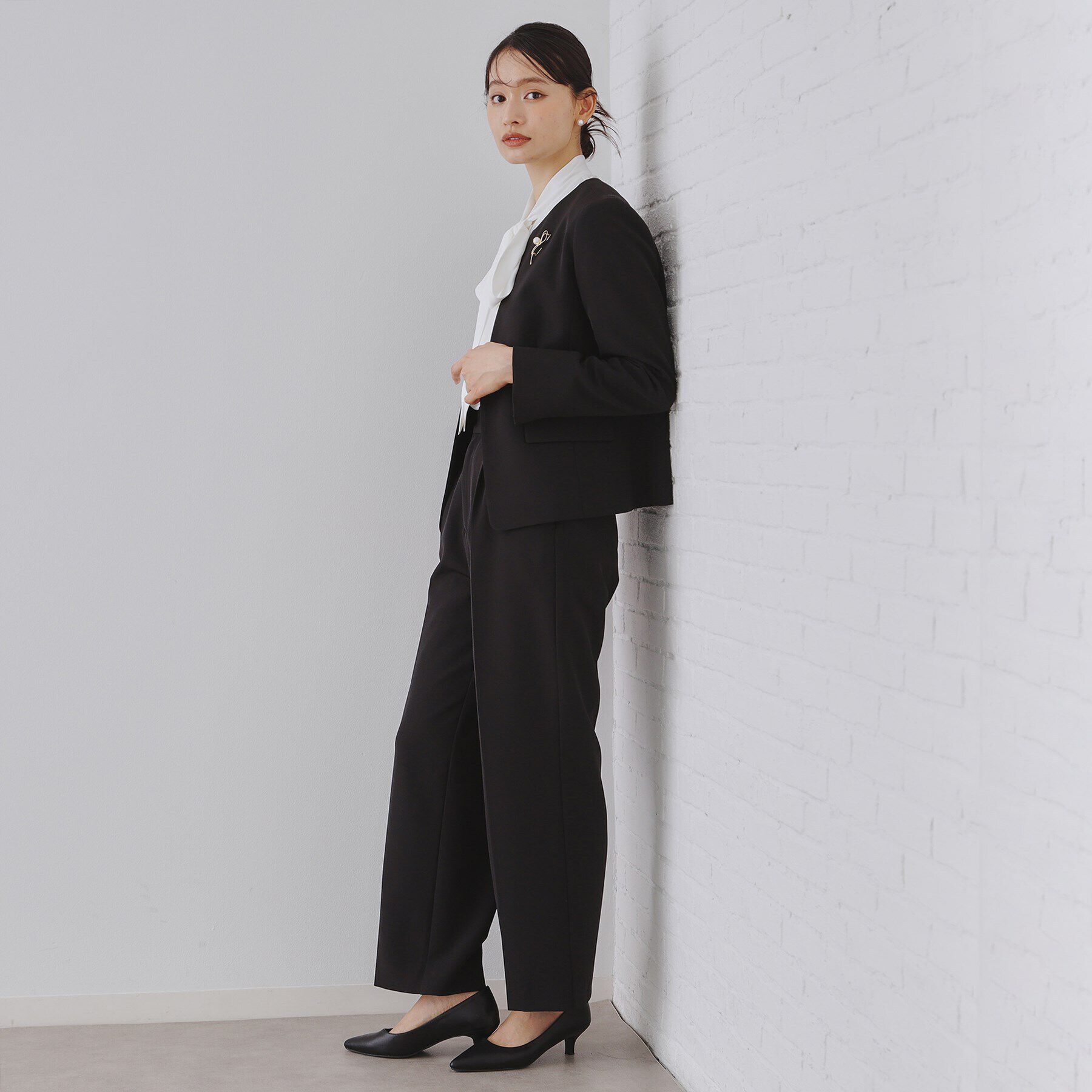 OPAQUE.CLIP「《通勤セットアップ対応》キーネックジャケットダブルクロス【洗濯機洗い可】」|ノーカラージャケット|