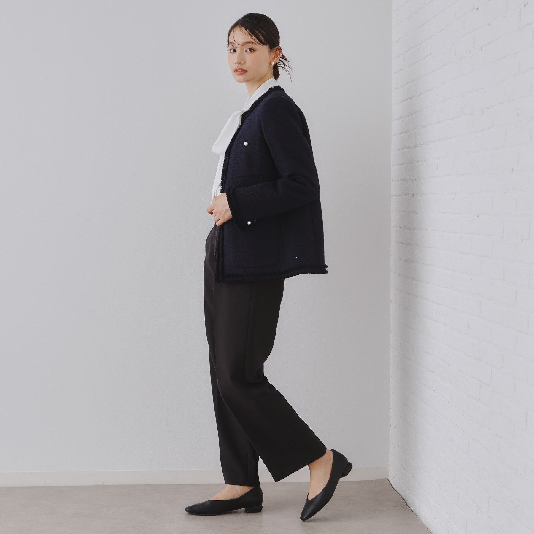 OPAQUE.CLIP「《通勤対応》コットンツイードミドルジャケット」|ノーカラージャケット|