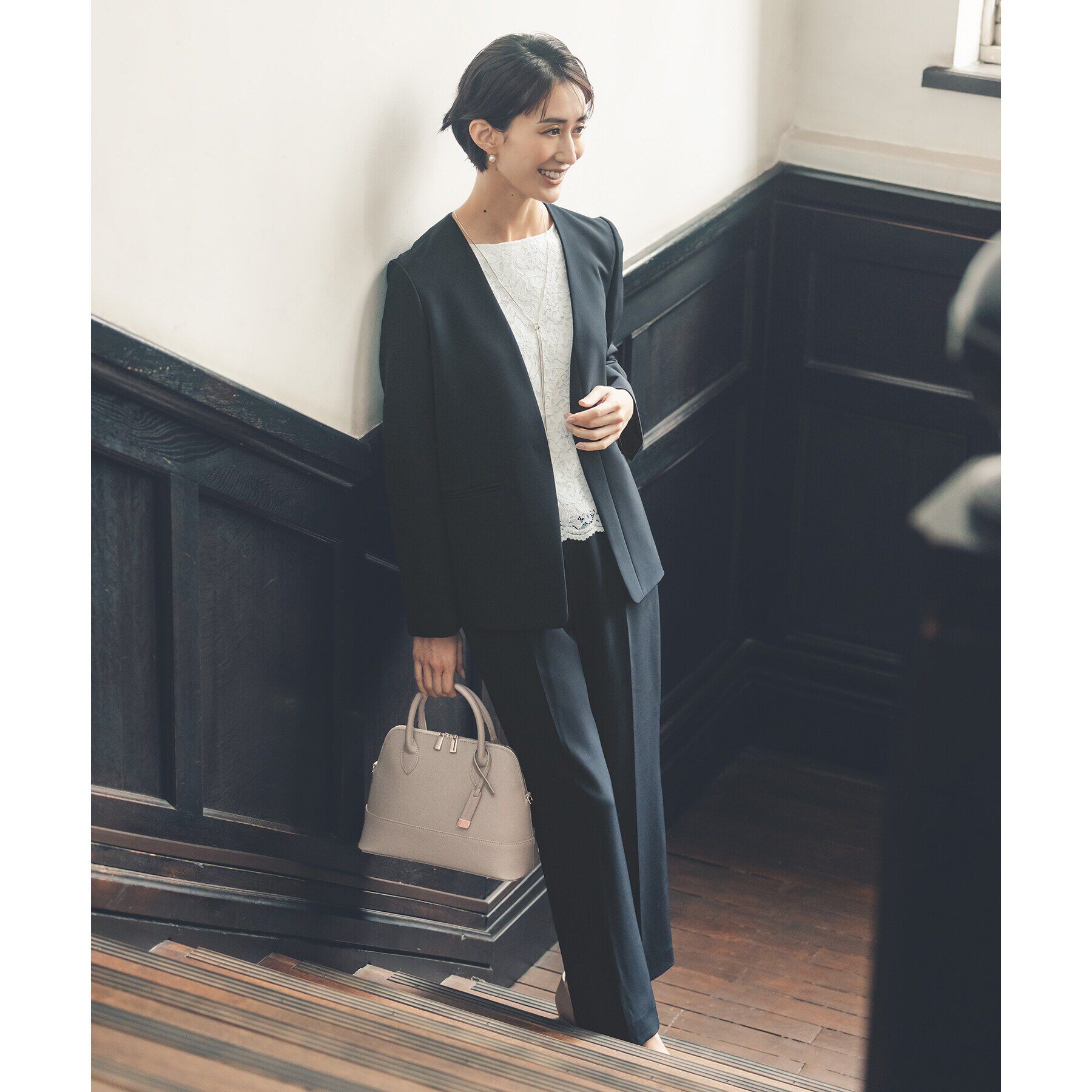 OPAQUE.CLIP「《通勤/セットアップ対応》Vネックジャケット/ダブルクロス【洗濯機洗い可】」|ノーカラージャケット|