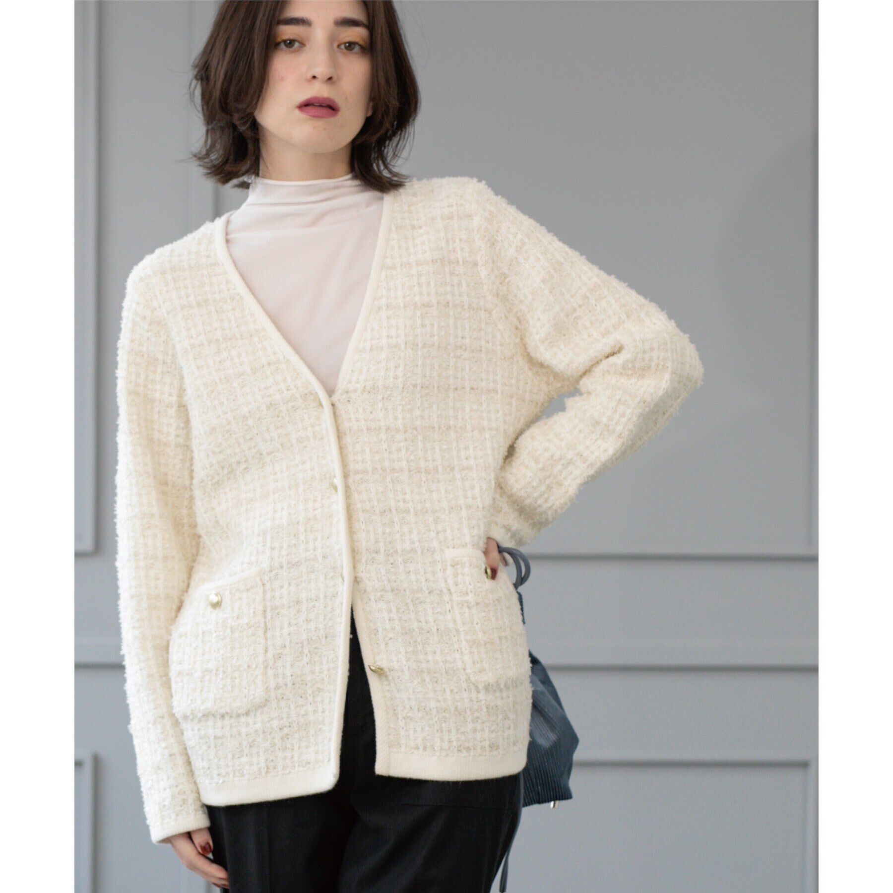 OPAQUE.CLIP「ツイードライクVニットカーディガン【洗濯機洗い可】」|カーディガン|