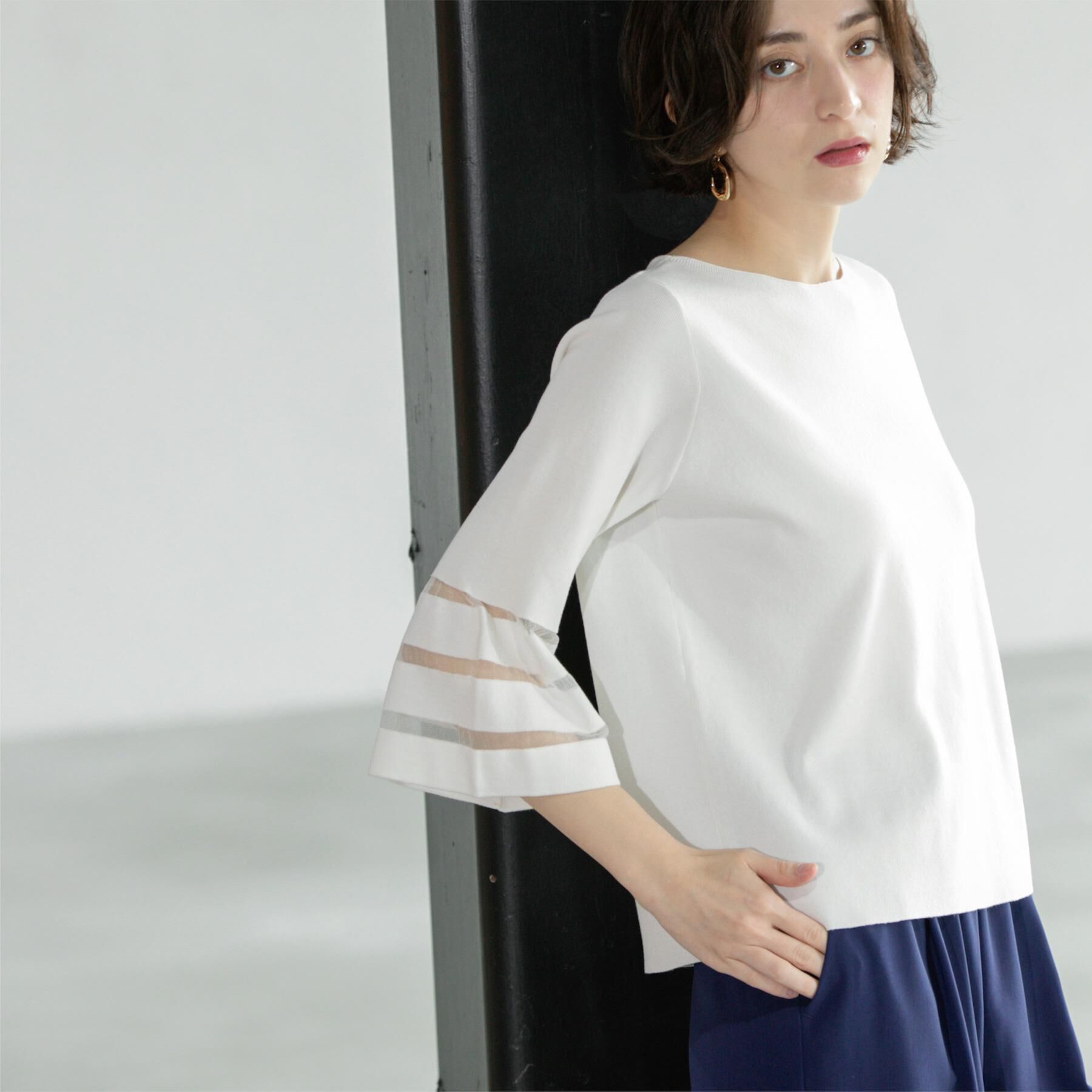 OPAQUE.CLIP「《6色展開》シアーボーダーフレアスリーブニット【洗濯機洗い可】」|ニット・セーター|