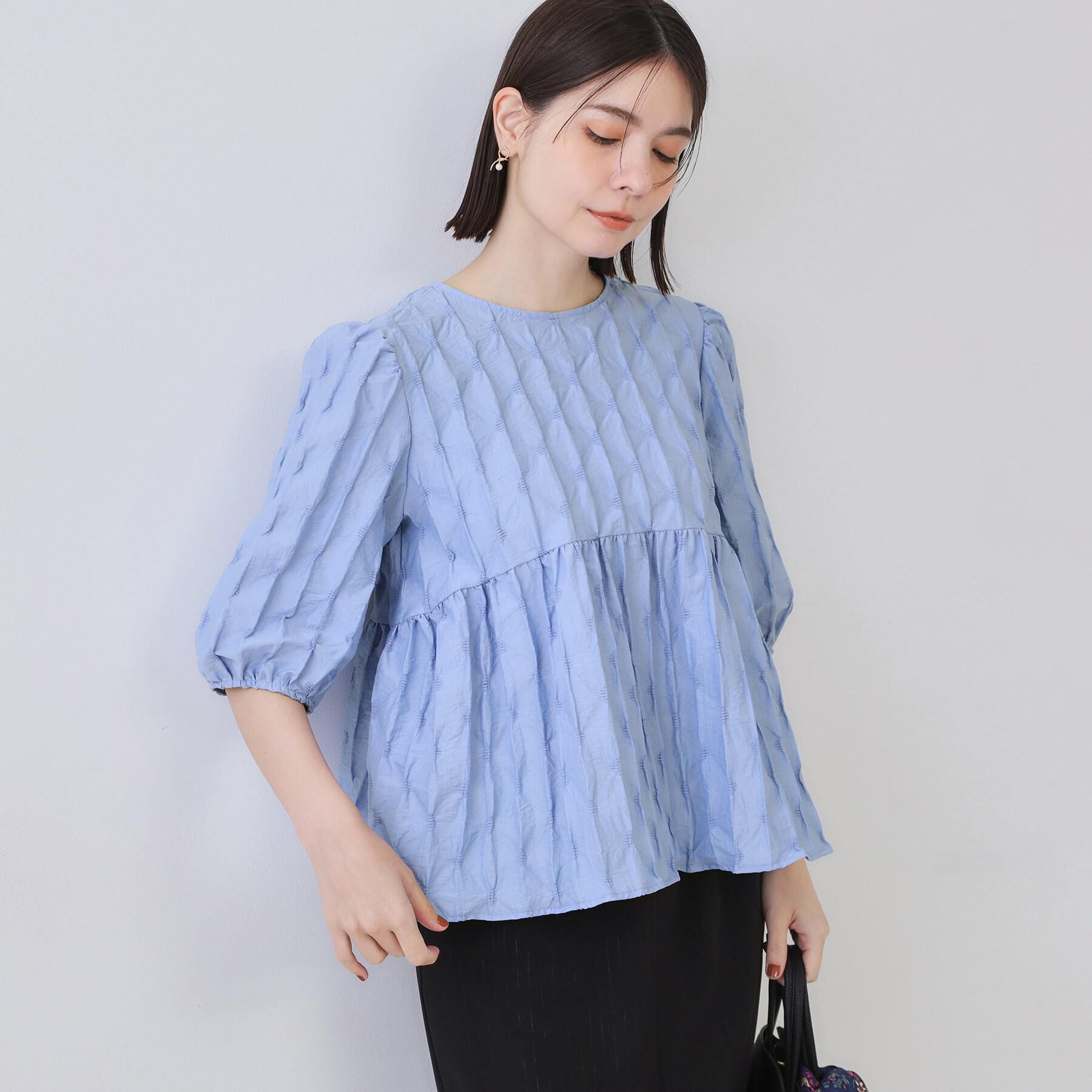 OPAQUE.CLIP「ふくれジャカードペプラムブラウス【洗濯機洗い可】」|シャツ・ブラウス|ブルー(091)