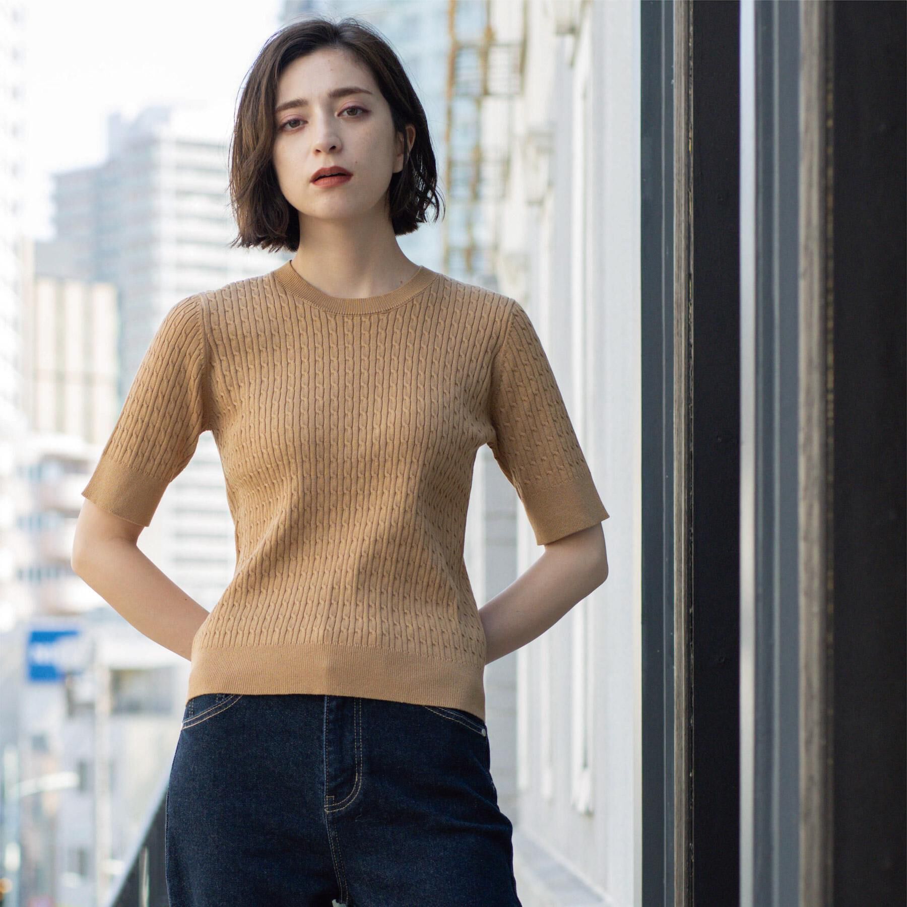 OPAQUE.CLIP「ケーブルハーフスリーブニット【UVケア/洗濯機OK】《6col/S～LL》」|ニット・セーター|