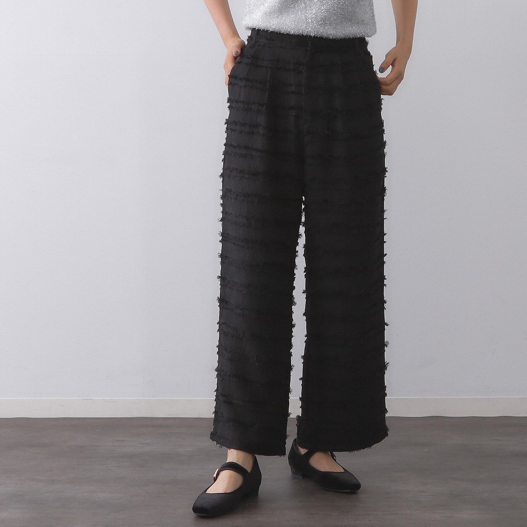 OPAQUE.CLIP「フリンジボーダージャカードワイドパンツ【洗濯機洗い可】」|その他|ブラック(019)