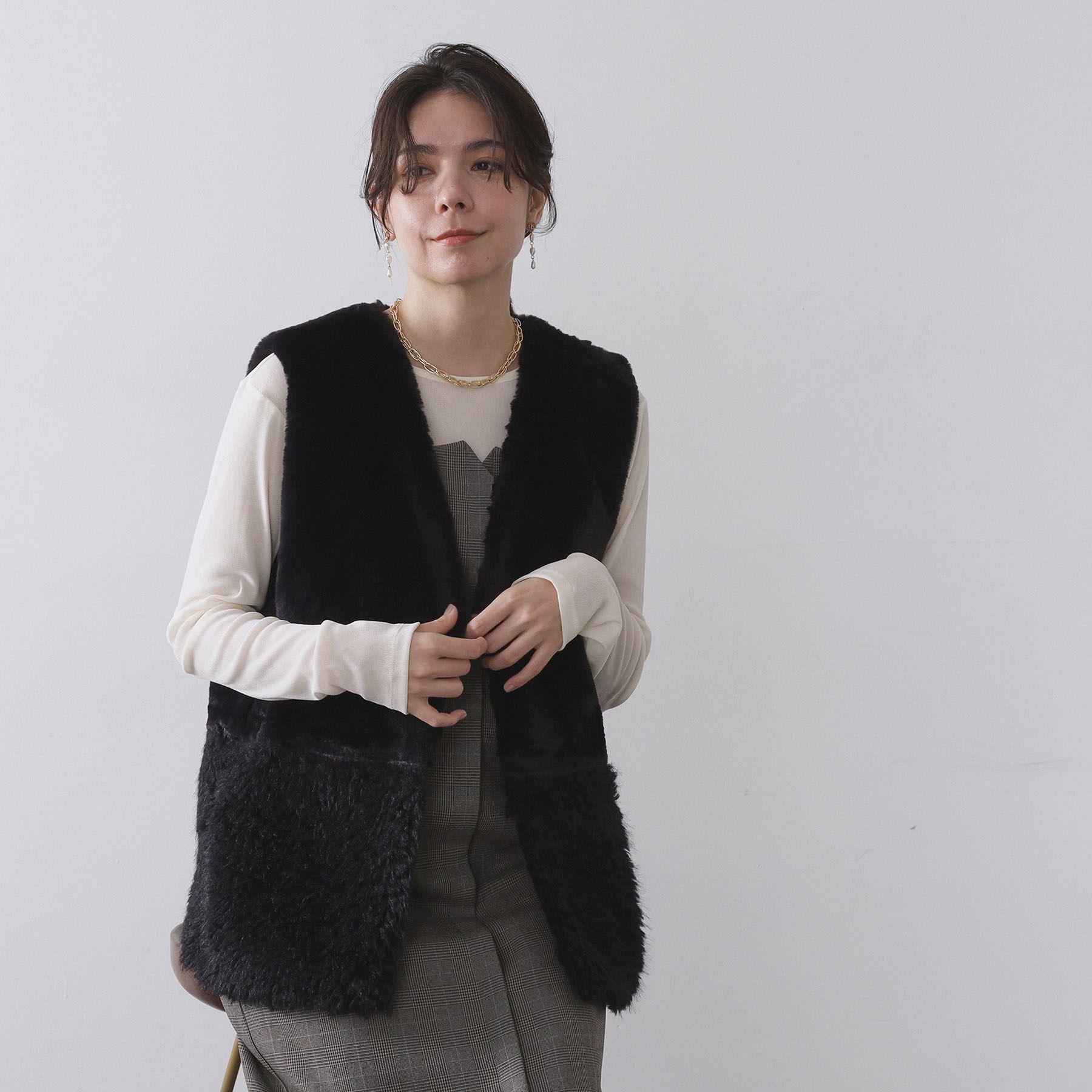 OPAQUE.CLIP「フェイクファー&times;フェイクボアドッキングジレ【洗濯機OK】」|ベスト・ジレ|ブラック(019)