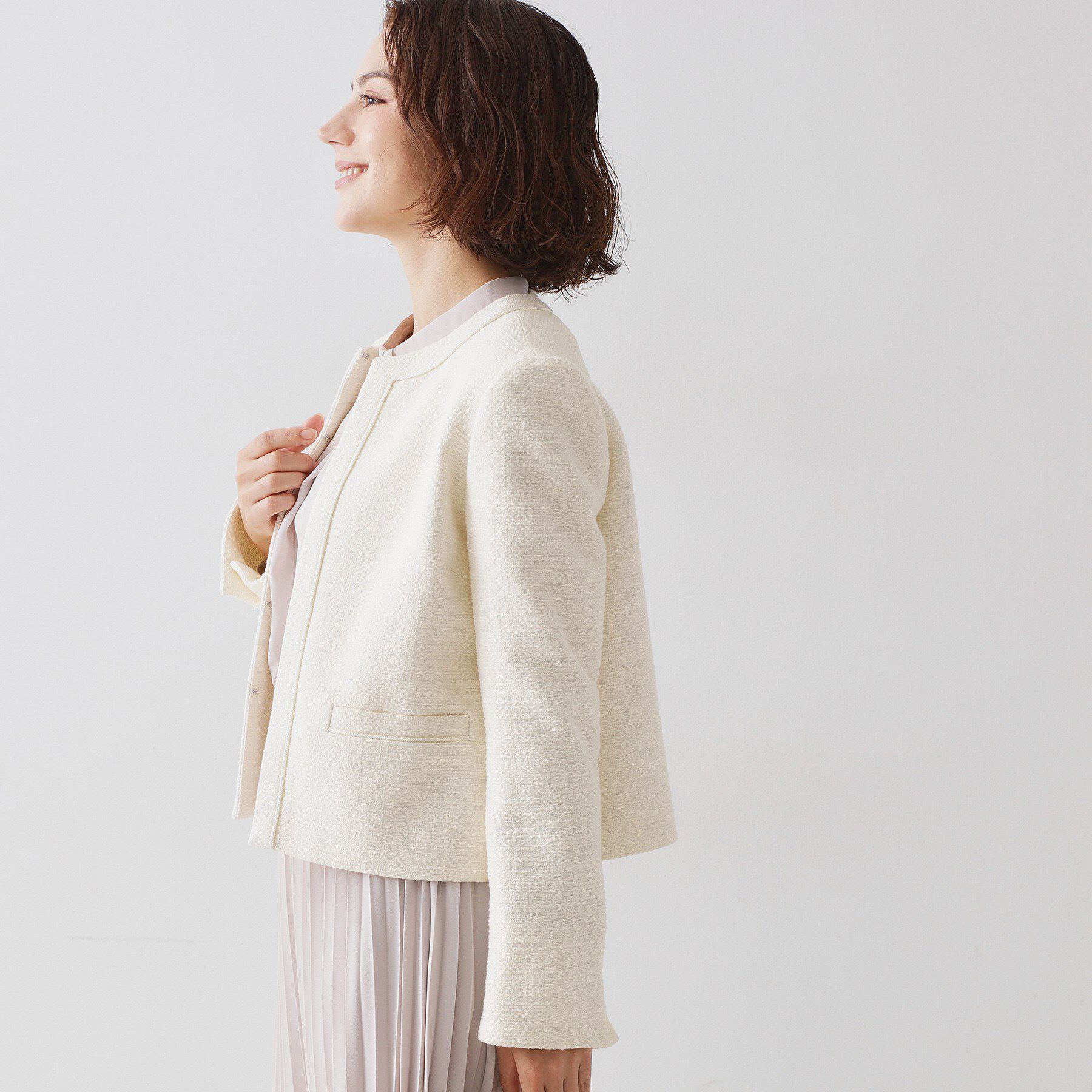 OPAQUE.CLIP「《通勤対応》 コットンツイードジャケット」|ノーカラージャケット|