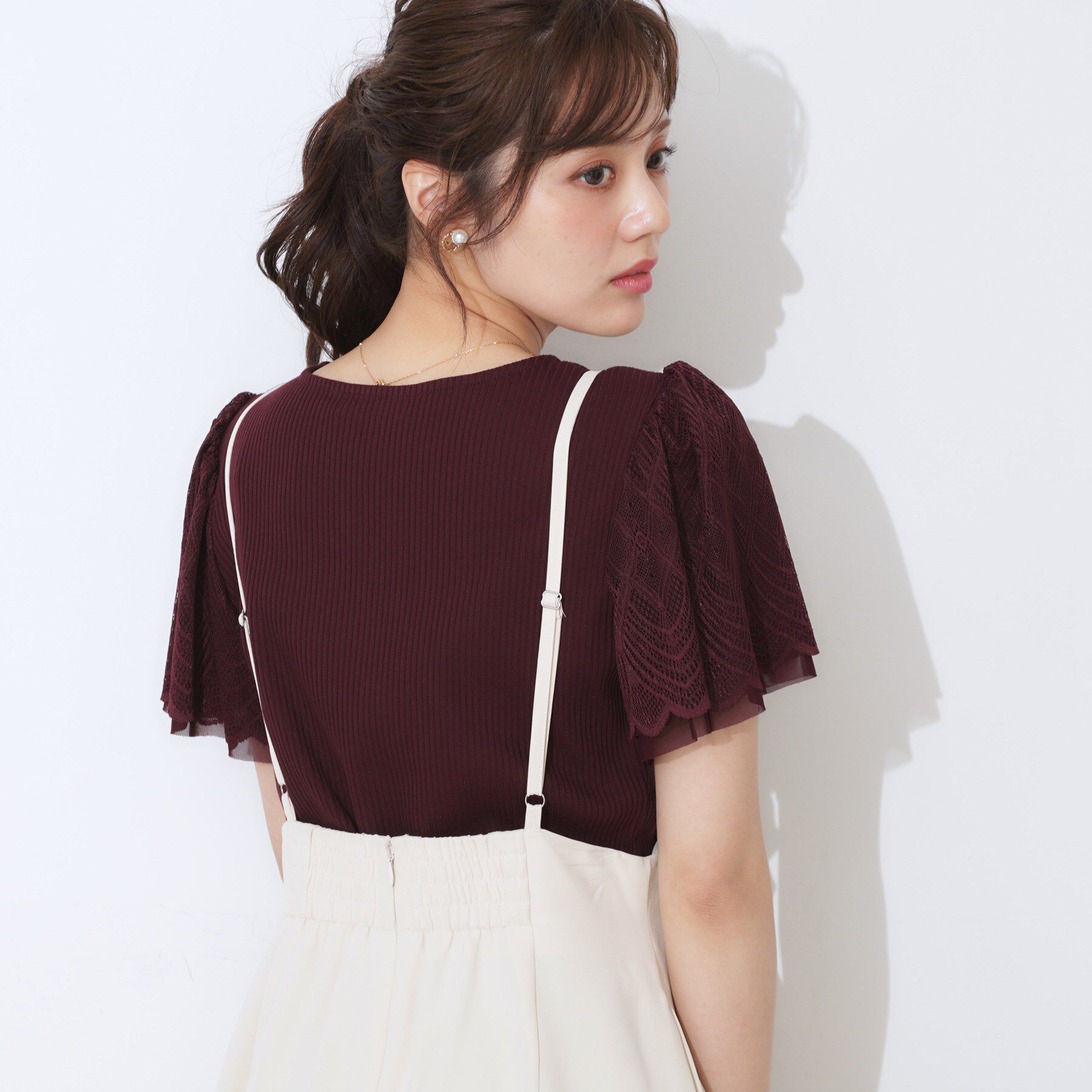 Couture broach「【二の腕カバー・通勤】レース袖テレコトップス」|Tシャツ・カットソー|