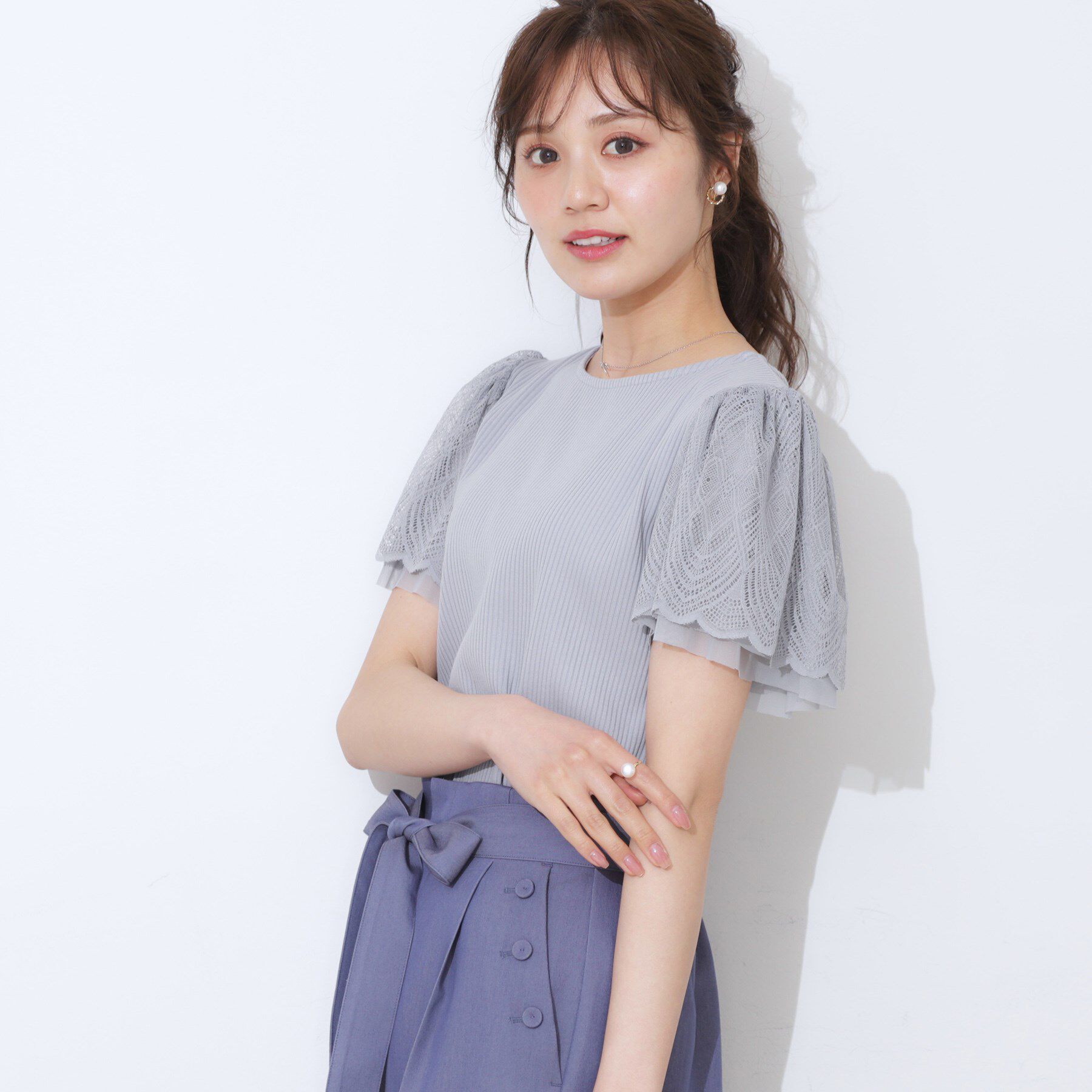 Couture broach「【二の腕カバー・通勤】レース袖テレコトップス」|Tシャツ・カットソー|