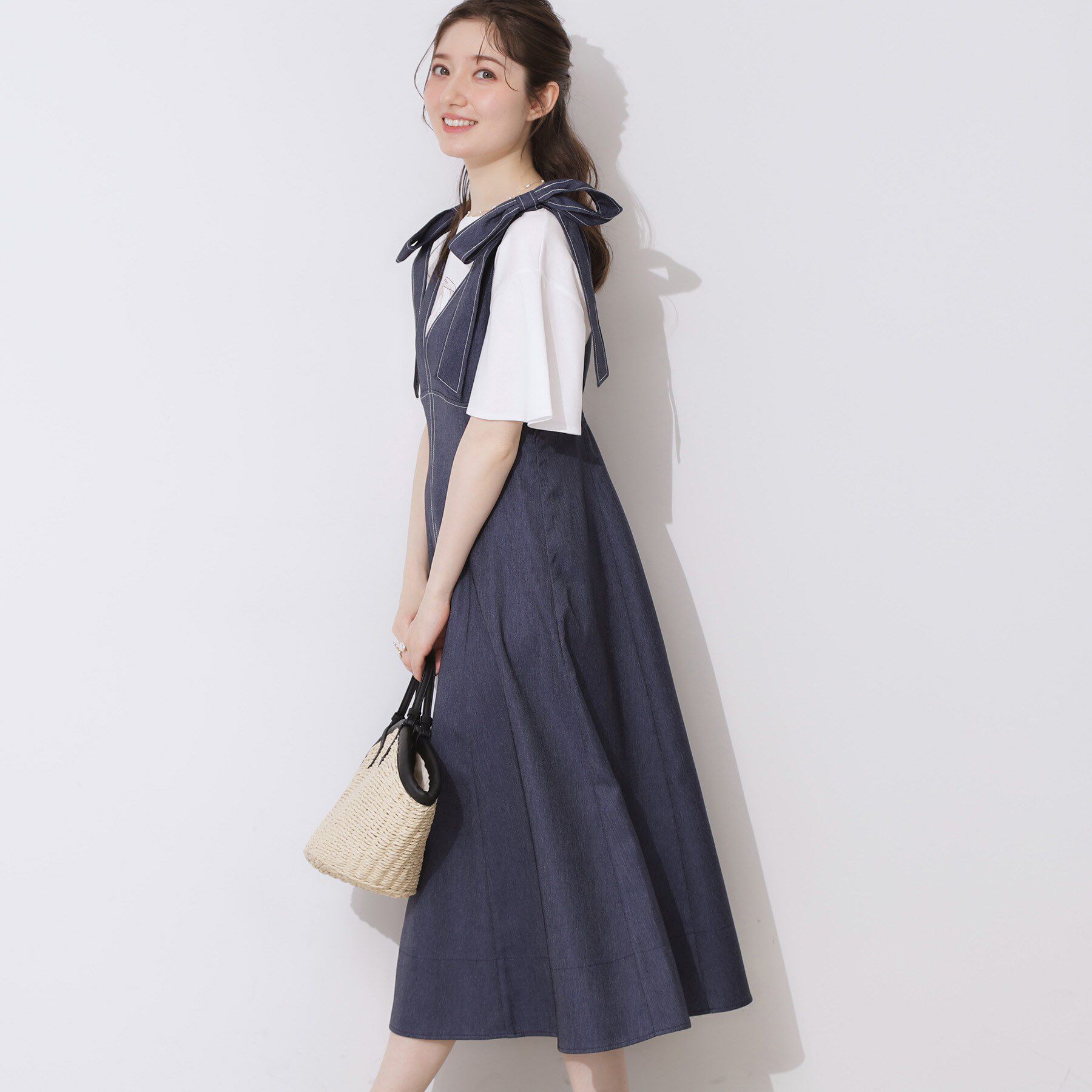 Couture broach「デニムライク肩リボンワンピース」|ワンピース|