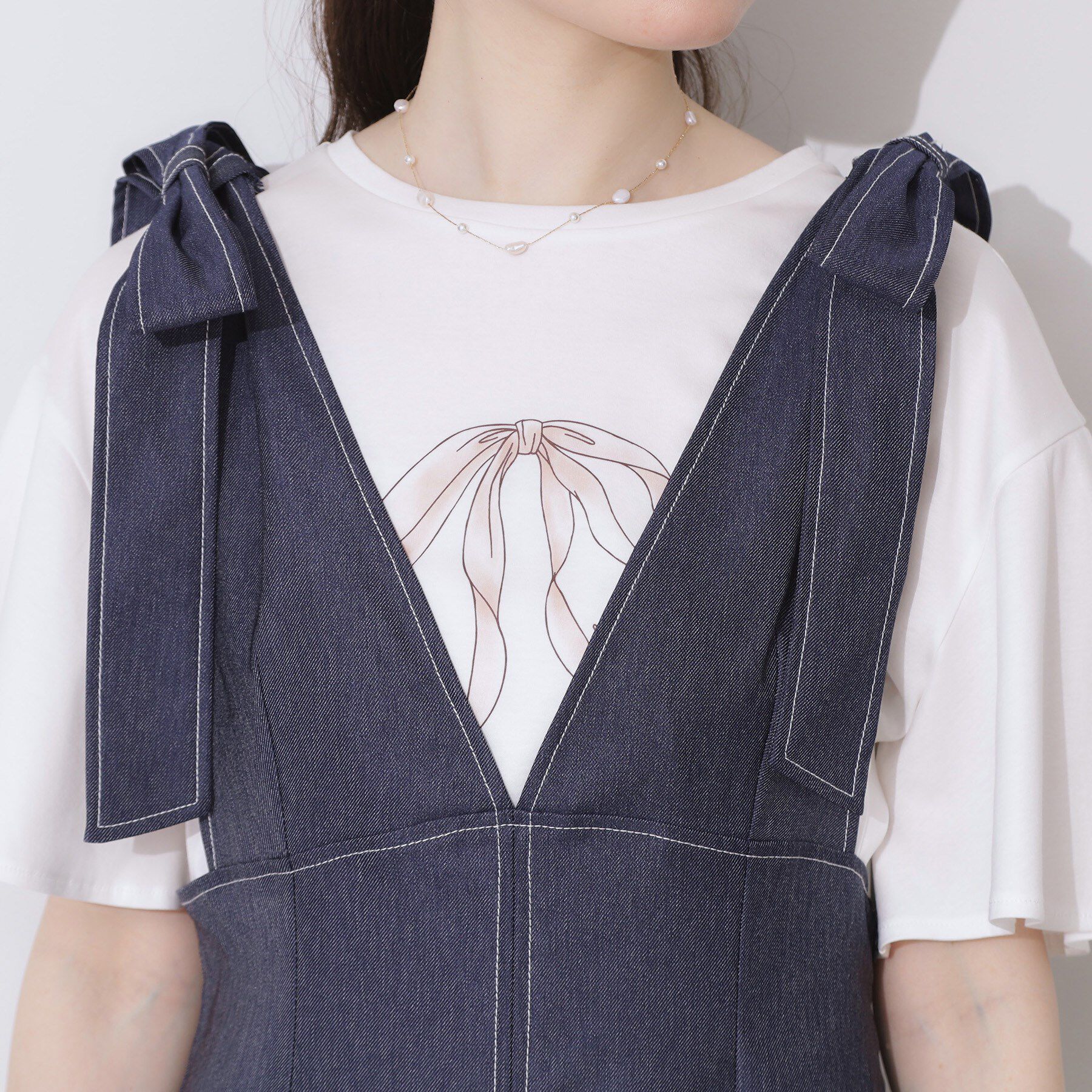 Couture broach「デニムライク肩リボンワンピース」|ワンピース|