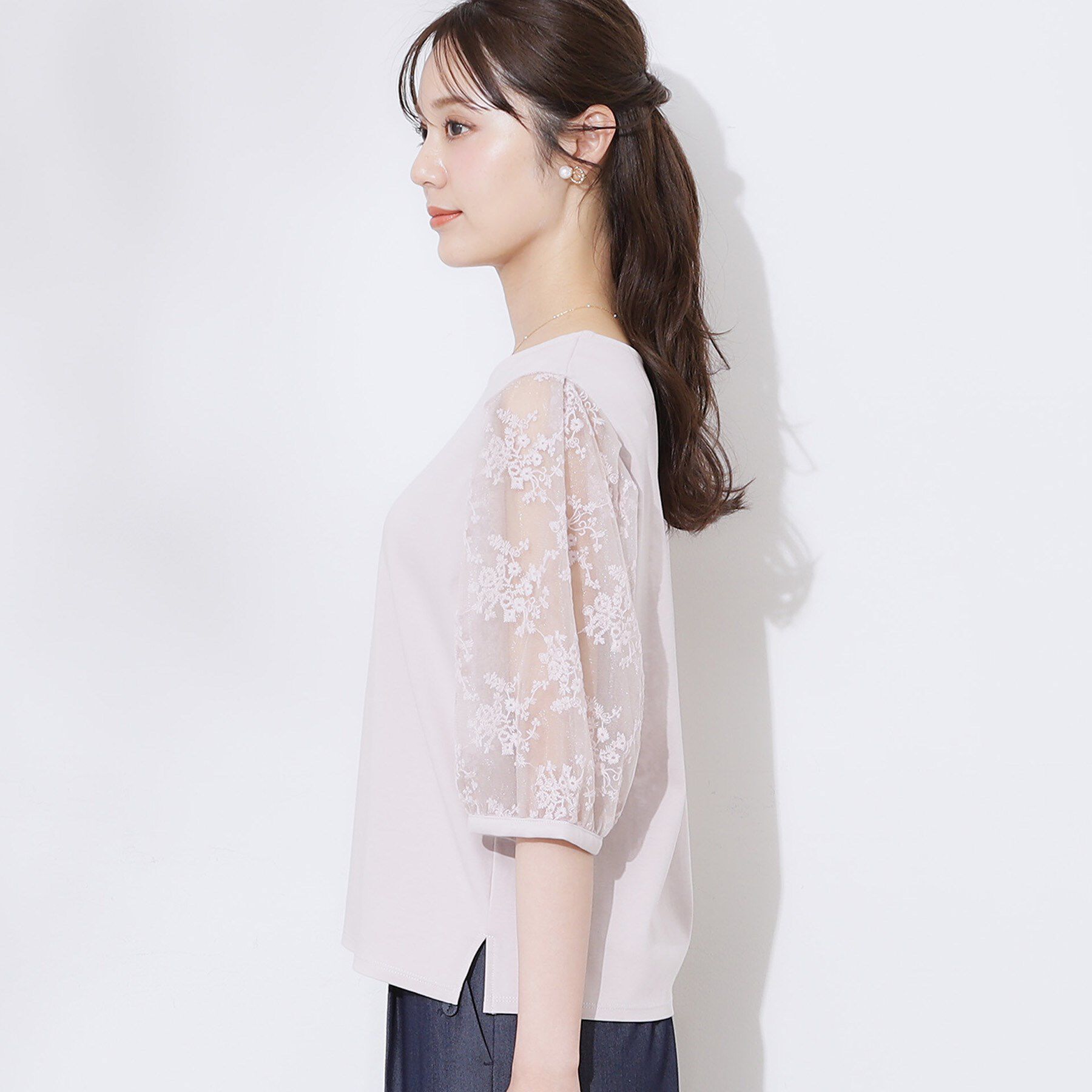 Couture broach「【接触冷感・UV・マシンウォッシャブル】袖レースデザイントップス」|Tシャツ・カットソー|