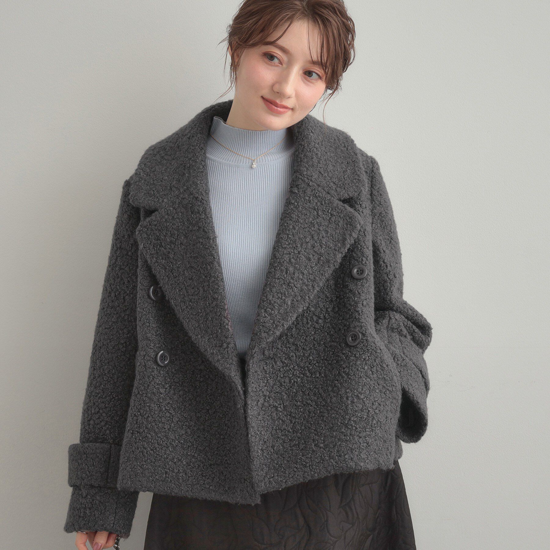 Couture broach「【S-LL/無地・チェック柄】プードルボア ショートコート」|ピーコート|