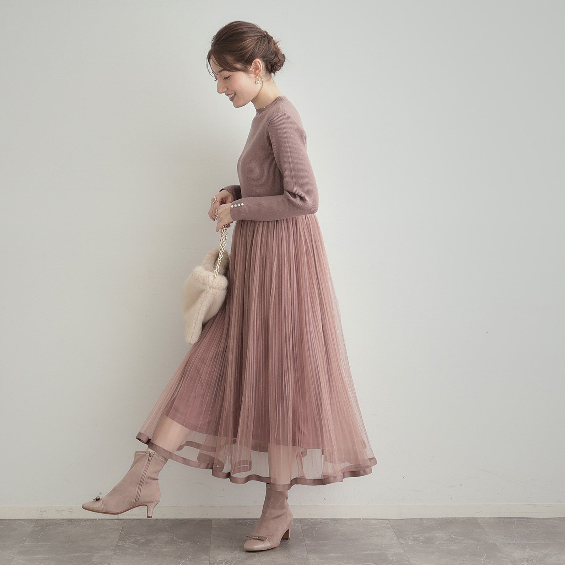 Couture broach「【S-LL/キラキラリブニット】チュールドッキング ワンピース」|ワンピース|