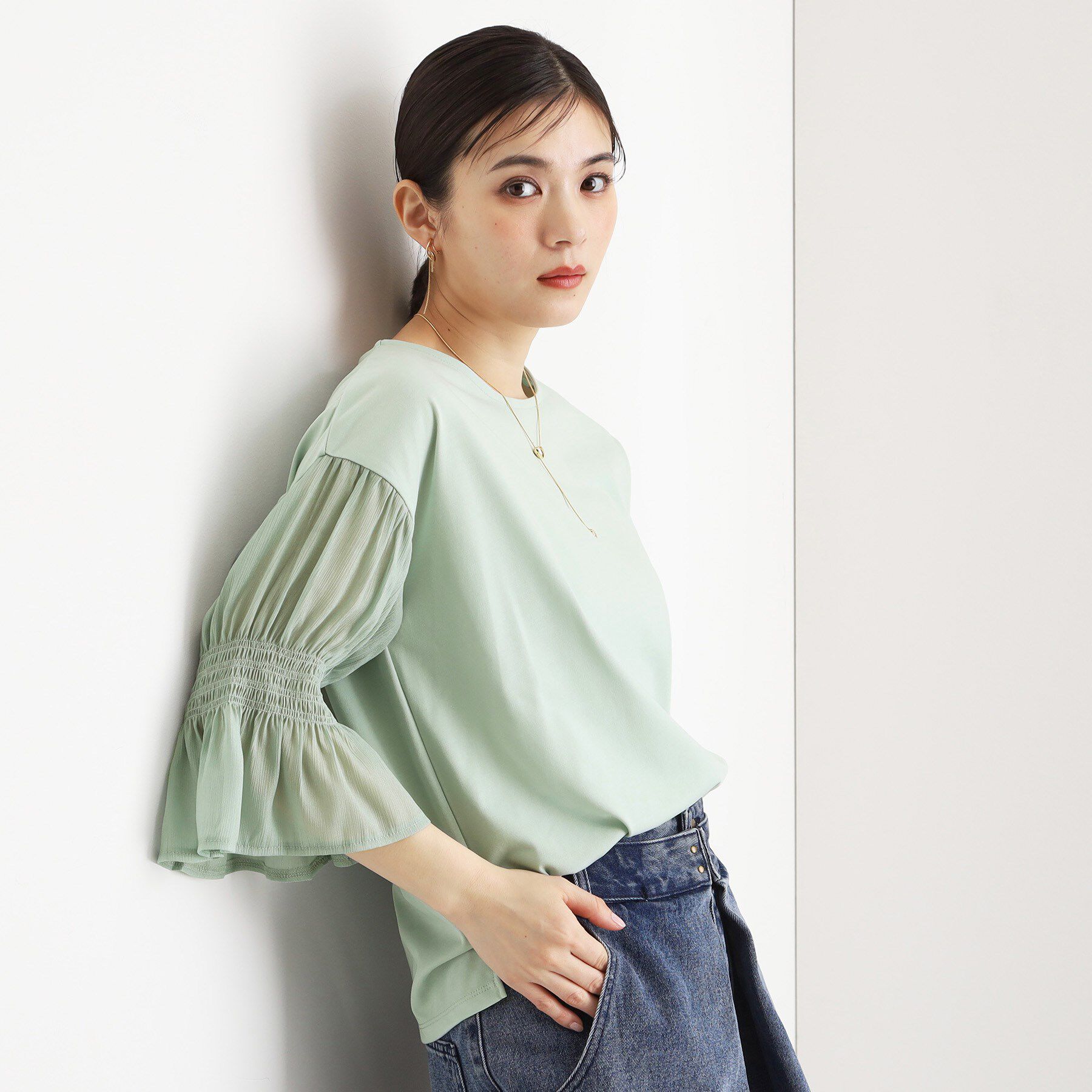 THE SHOP TK「袖シャーリングシアープルオーバー【洗濯機OK】」|Tシャツ・カットソー|