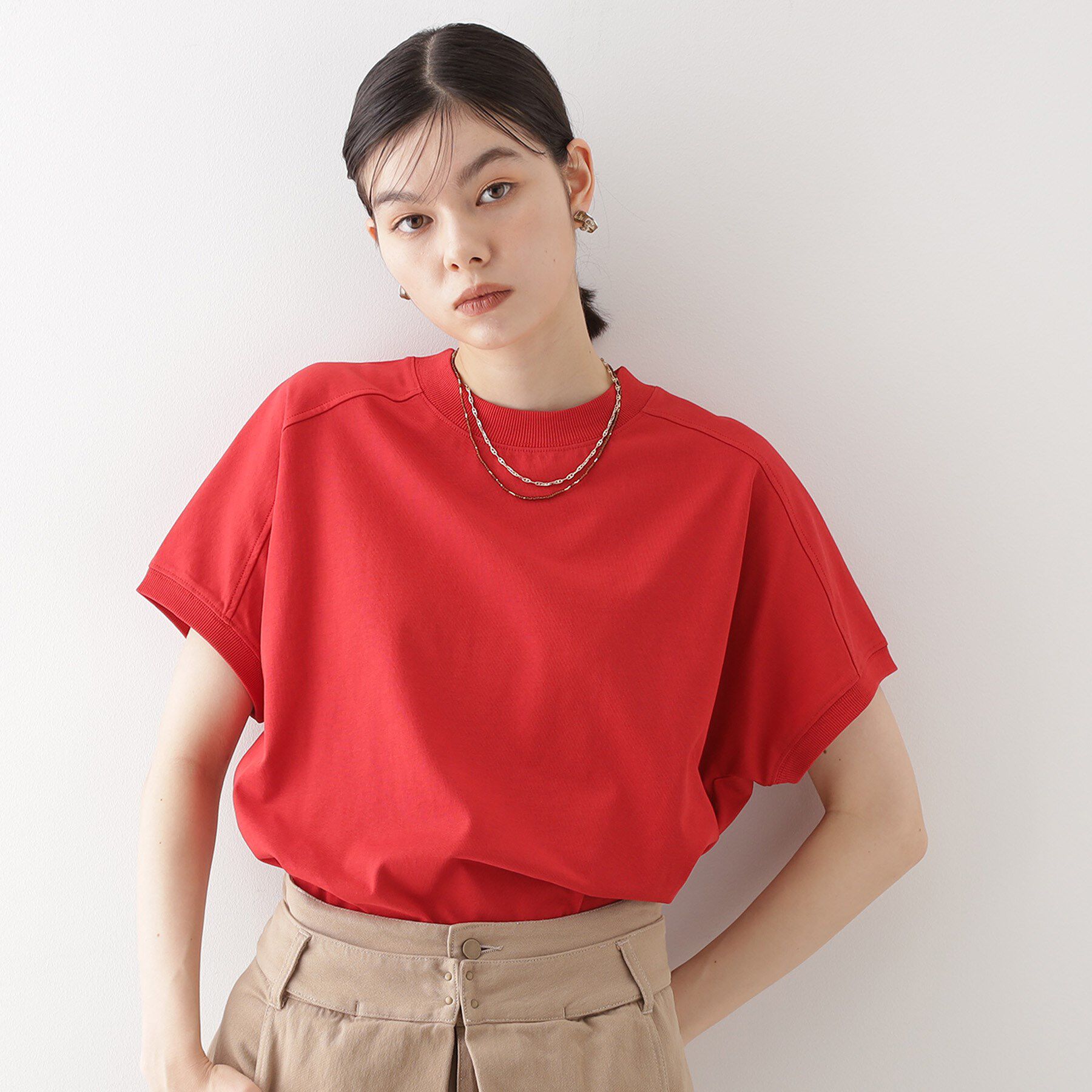 THE SHOP TK「フレンチ袖プルオーバー【毛玉になりにくい/接触冷感/UV/洗濯機OK】」|Tシャツ・カットソー|レッド(063)