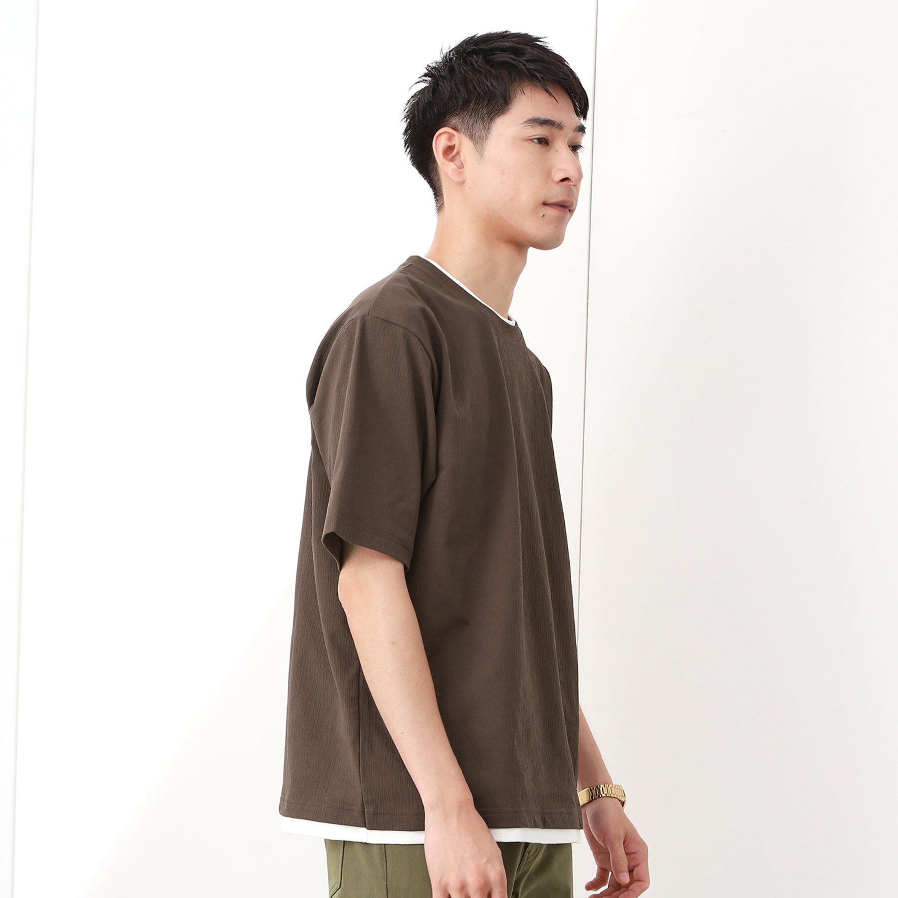 THE SHOP TK「楊柳フェイクレイヤード半袖Tシャツ 【吸水速乾/毛玉になりにくい/洗濯機OK】」|Tシャツ・カットソー|