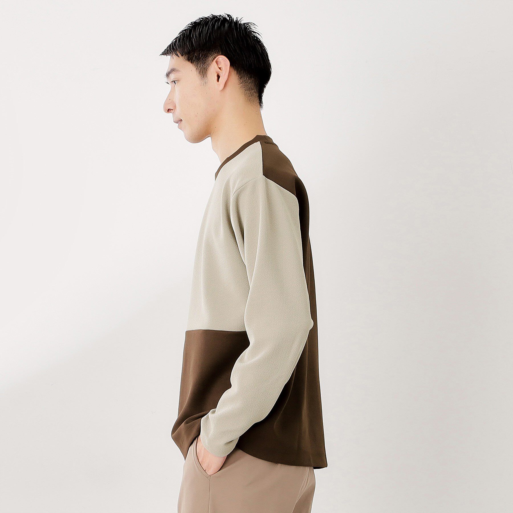 THE SHOP TK「【一枚で着映える】パターンブロッキング長袖Tシャツ 洗濯機OK」|Tシャツ・カットソー|