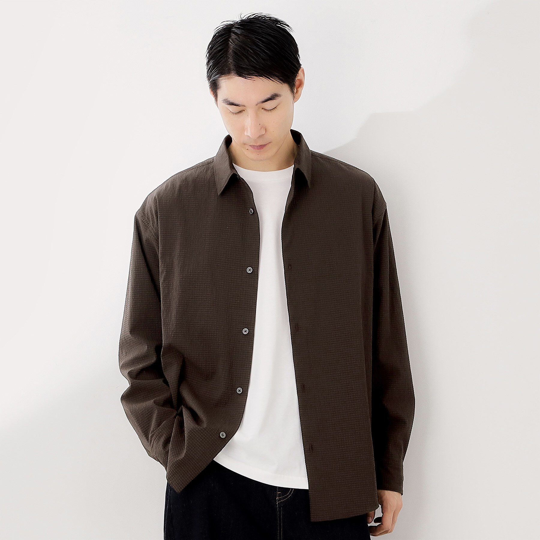 THE SHOP TK「シアサッカー長袖シャツ　【軽量/吸水速乾／イージーケア／洗濯機OK】」|シャツ・ブラウス|ブラウン(044)