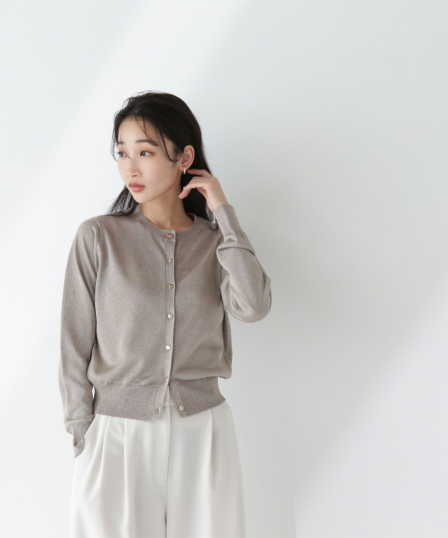  「ラメシアーベーシックカーディガン」|ニット・セーター|ベージュ