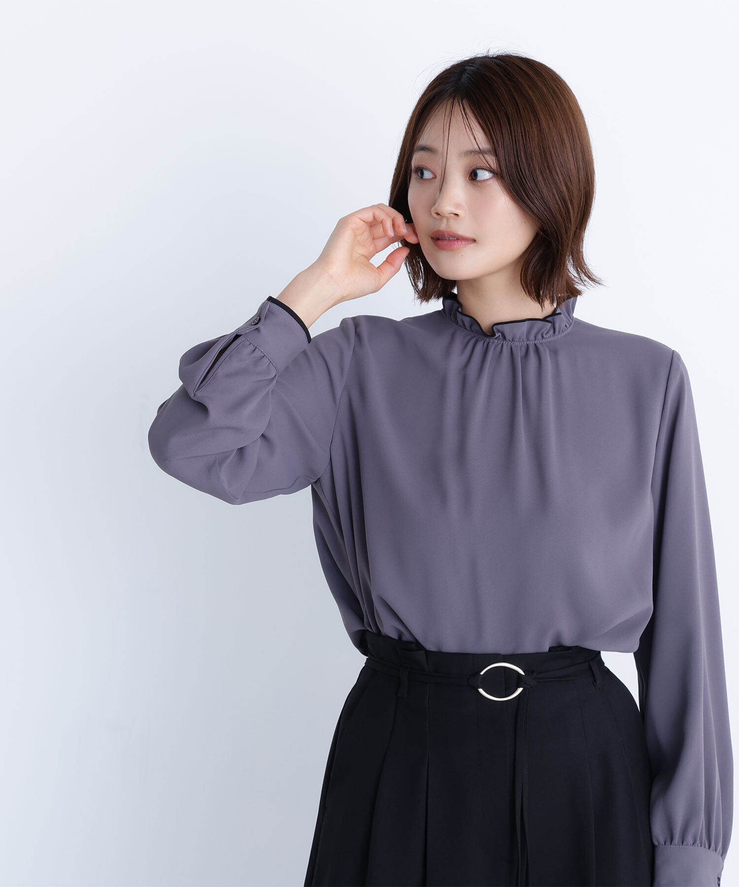  「バイカラーフリルネックブラウス」|シャツ・ブラウス|