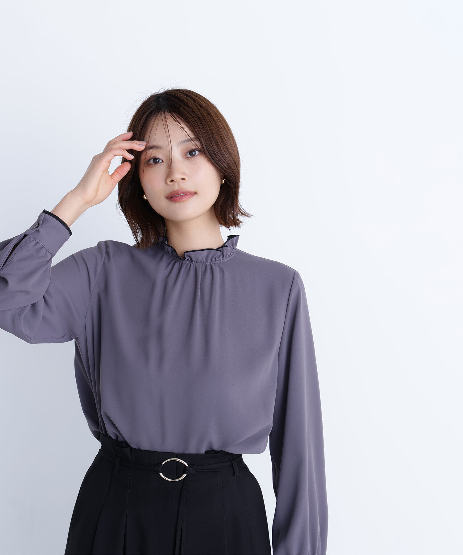  「バイカラーフリルネックブラウス」|シャツ・ブラウス|