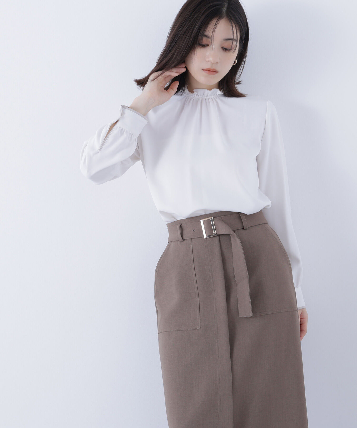  「バイカラーフリルネックブラウス」|シャツ・ブラウス|