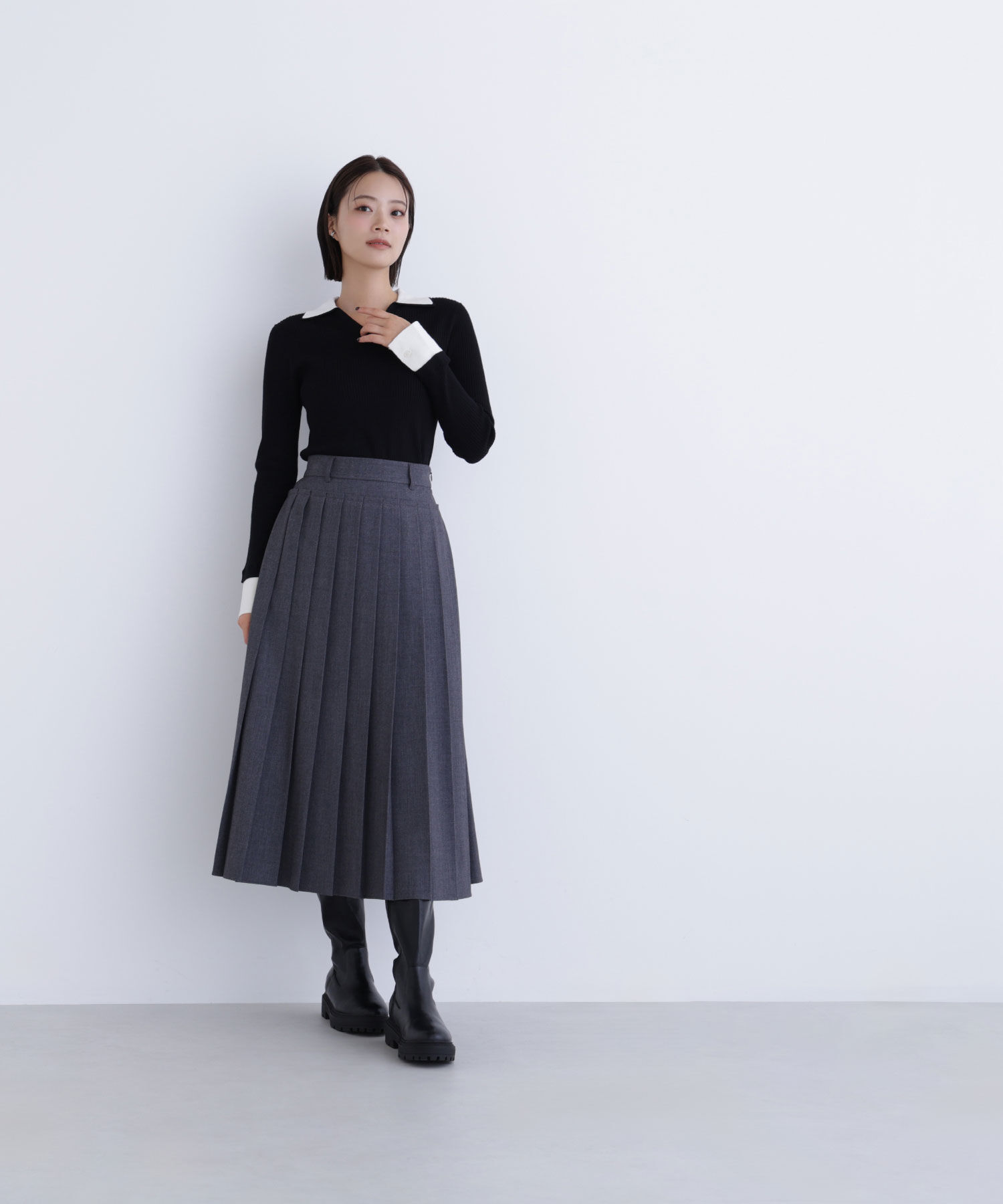  「ダブルカラーVネックリブニット」|ニット・セーター|