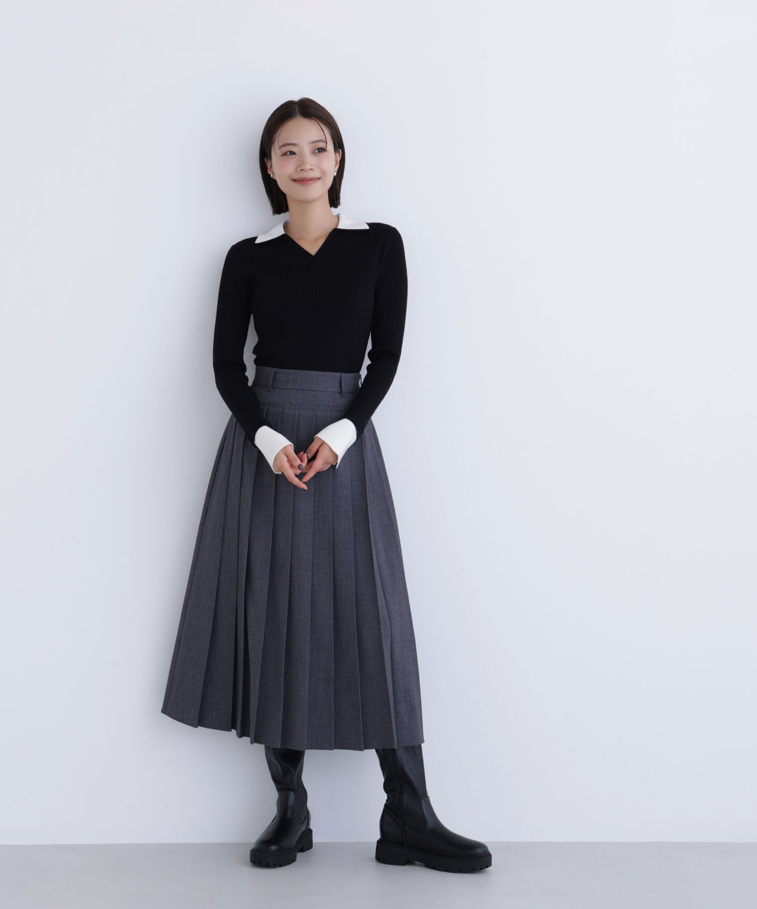  「ダブルカラーVネックリブニット」|ニット・セーター|