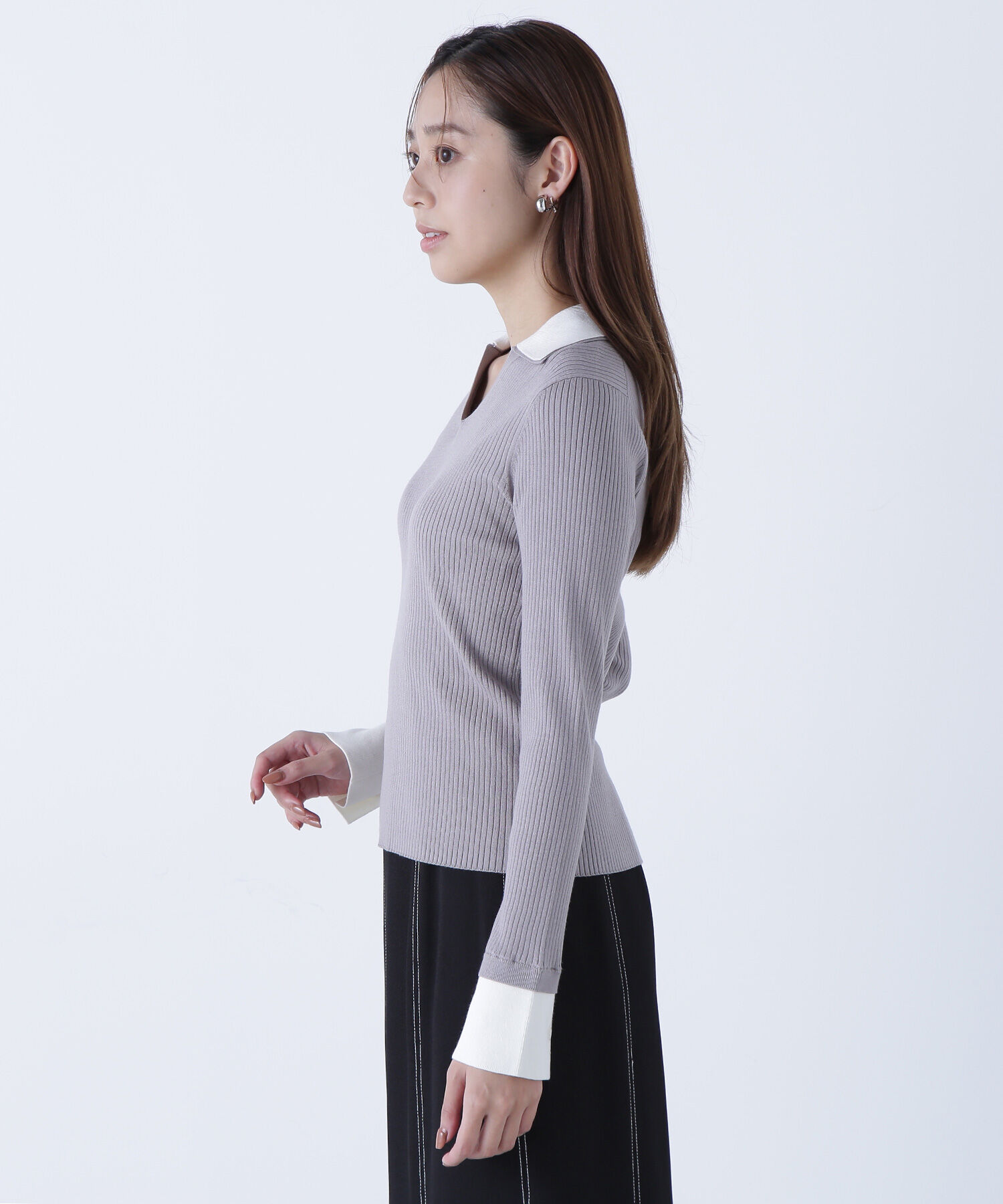  「ダブルカラーVネックリブニット」|ニット・セーター|