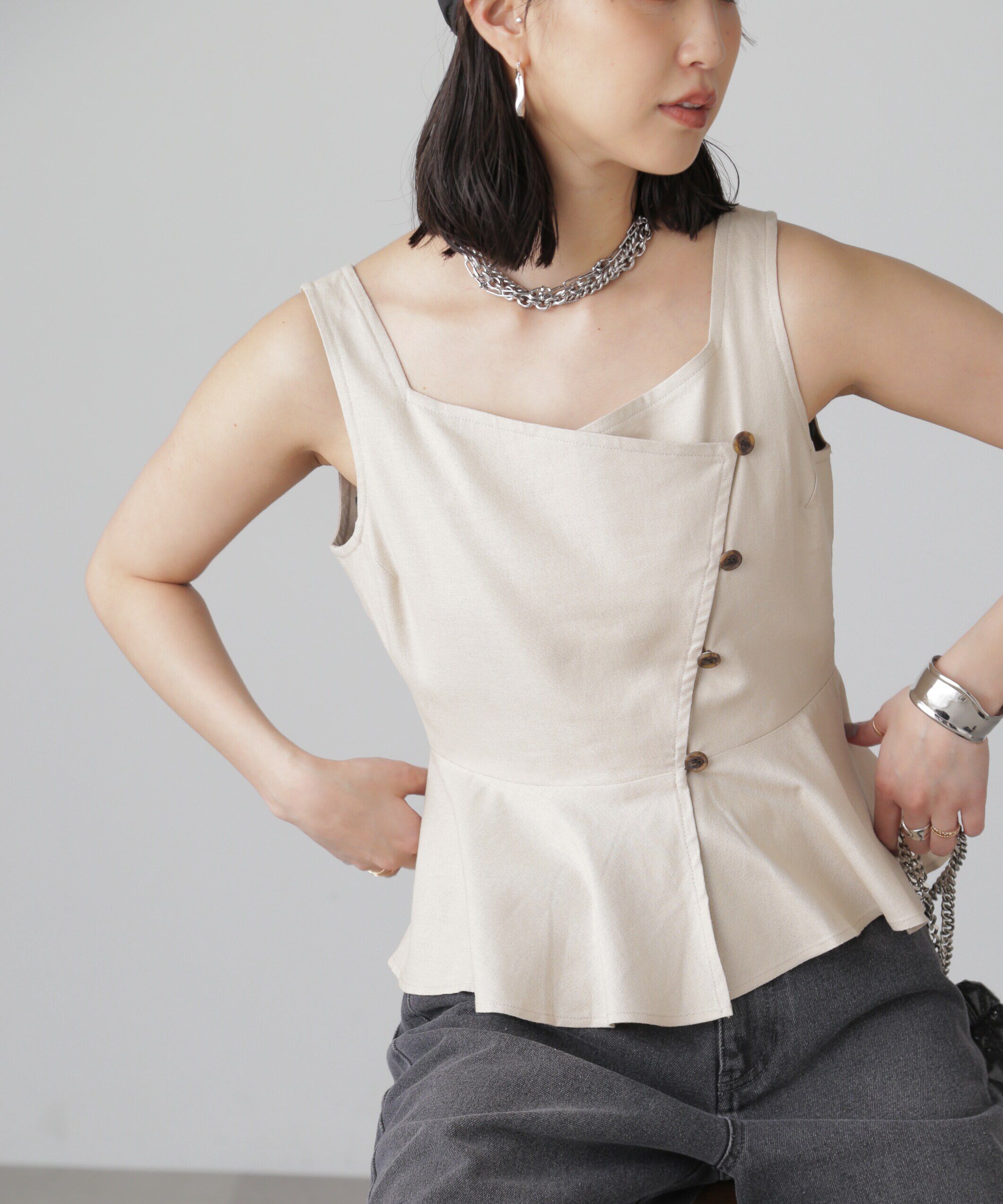  「リネンアシメボタンペプラムブラウス」|シャツ・ブラウス|