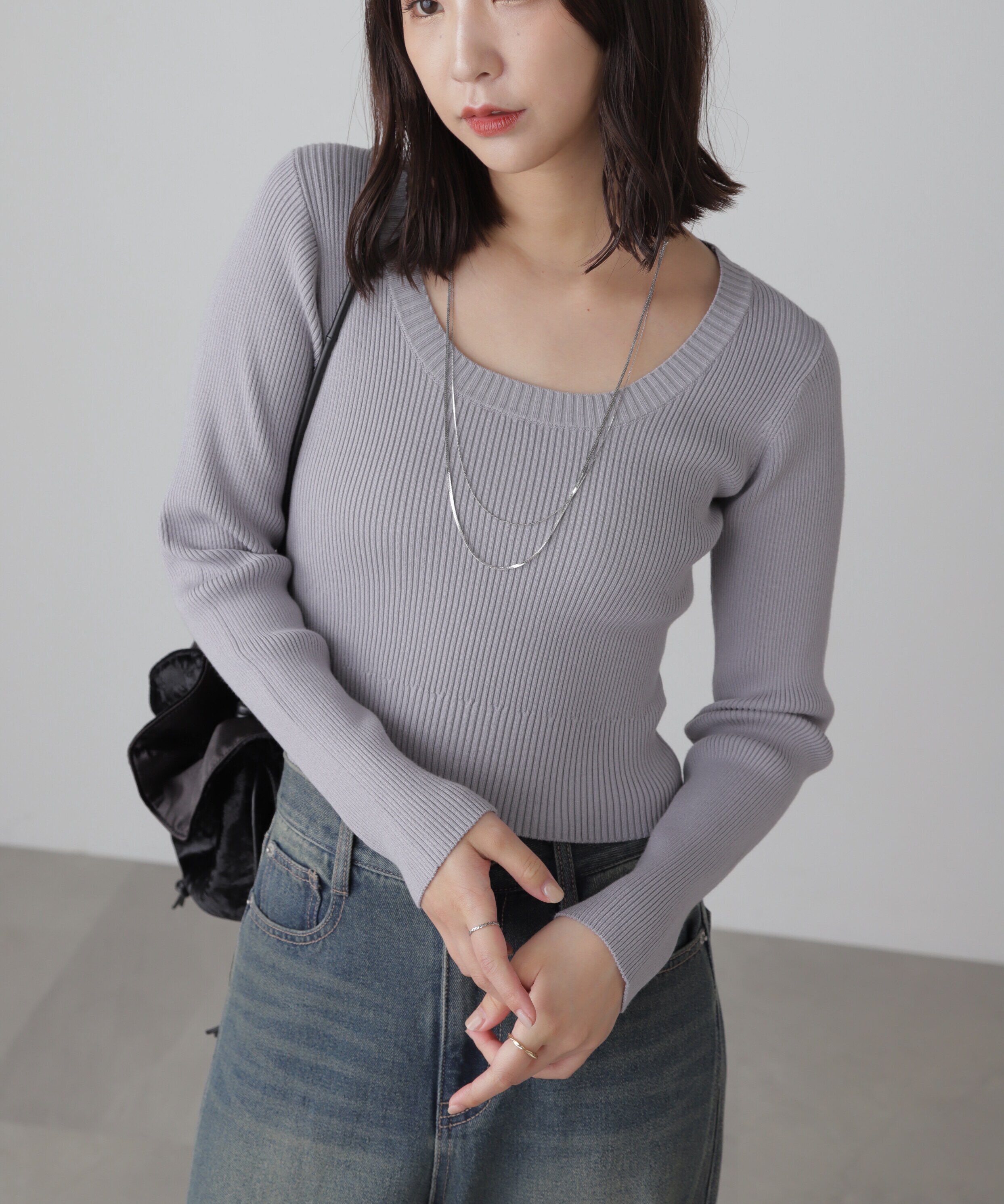  「〈洗える〉マシンウォッシャブルUネックニット」|ニット・セーター|グレー
