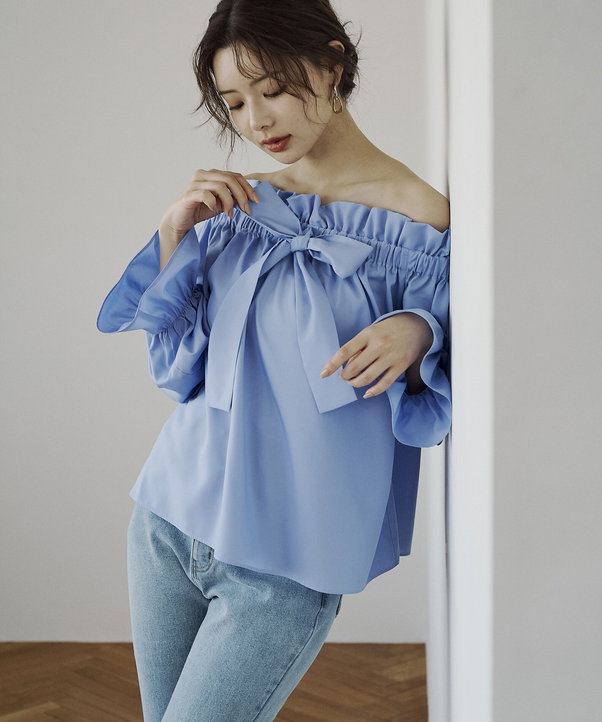 PROPORTION BODY DRESSING「＜ウォッシャブル＞リボン付きオフショルブラウス」|シャツ・ブラウス|ブルー
