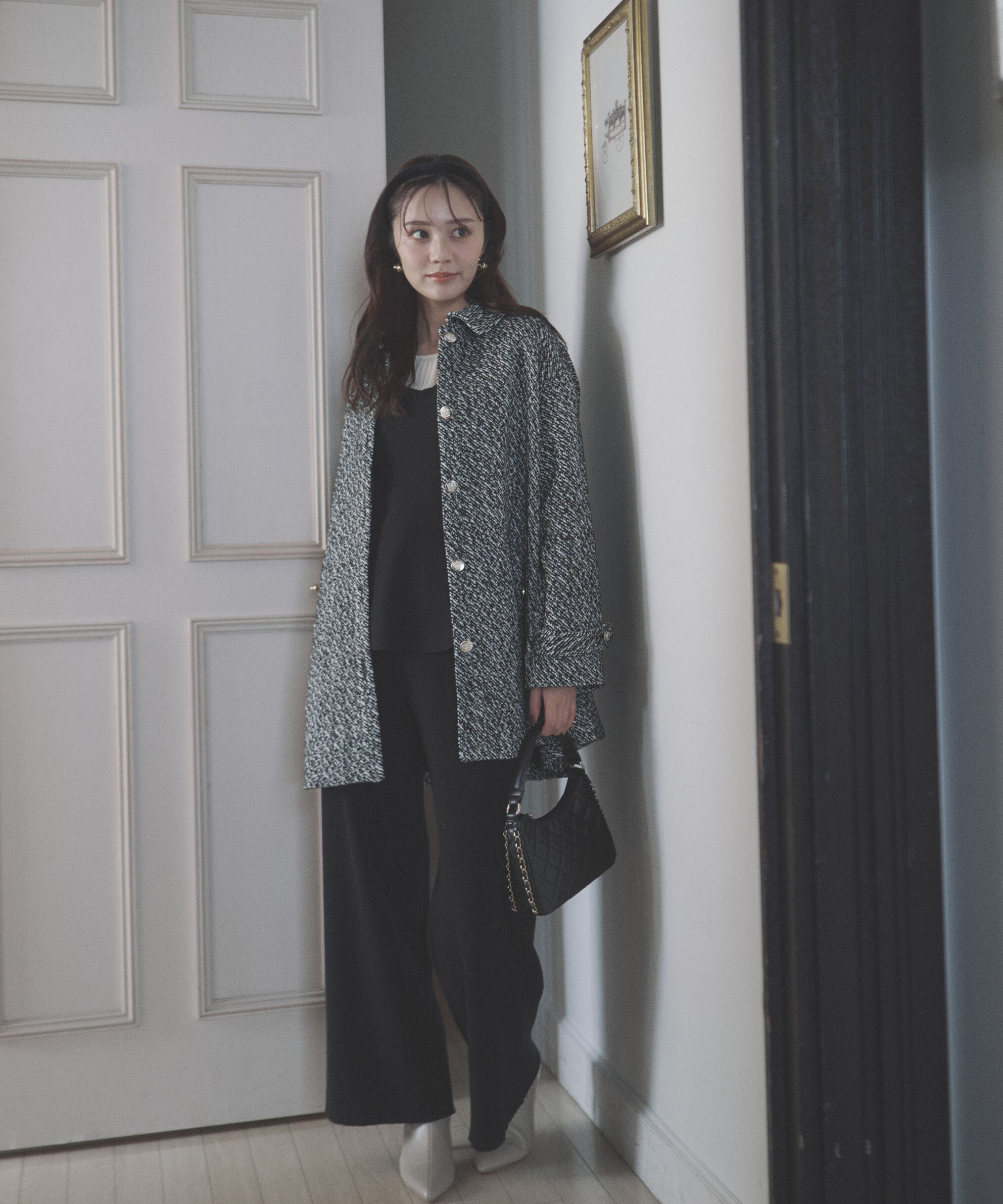 PROPORTION BODY DRESSING「金ボタン付きツイードミドルジャケット 25AW」|ブルゾン・スタジャン|ブラック