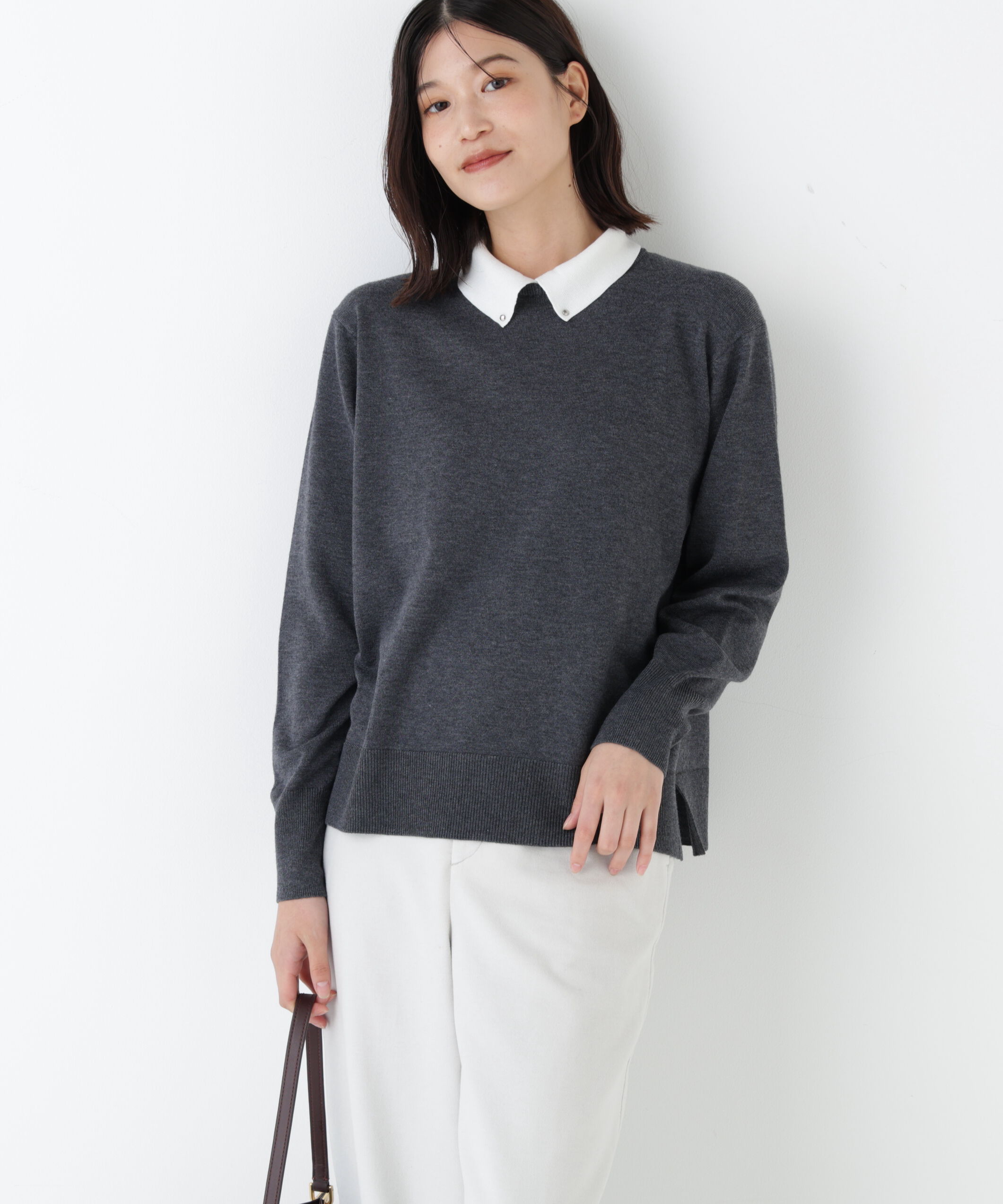  「◆ハイゲージプレーティング天竺衿付きニット」|ニット・セーター|チャコール1