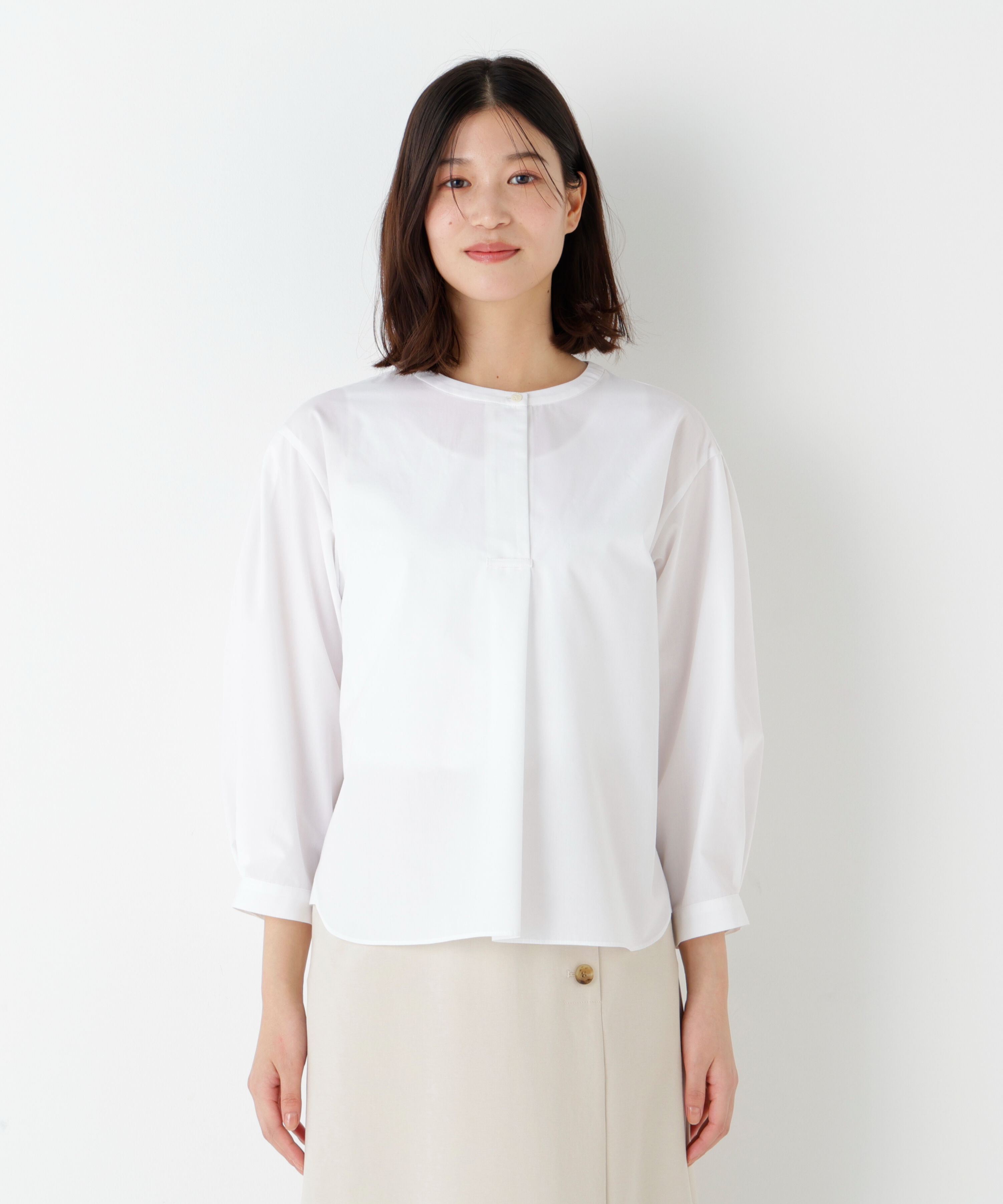  「◆《ウォッシャブル》綿ポリエステル先染ノーカラーブラウス」|シャツ・ブラウス|