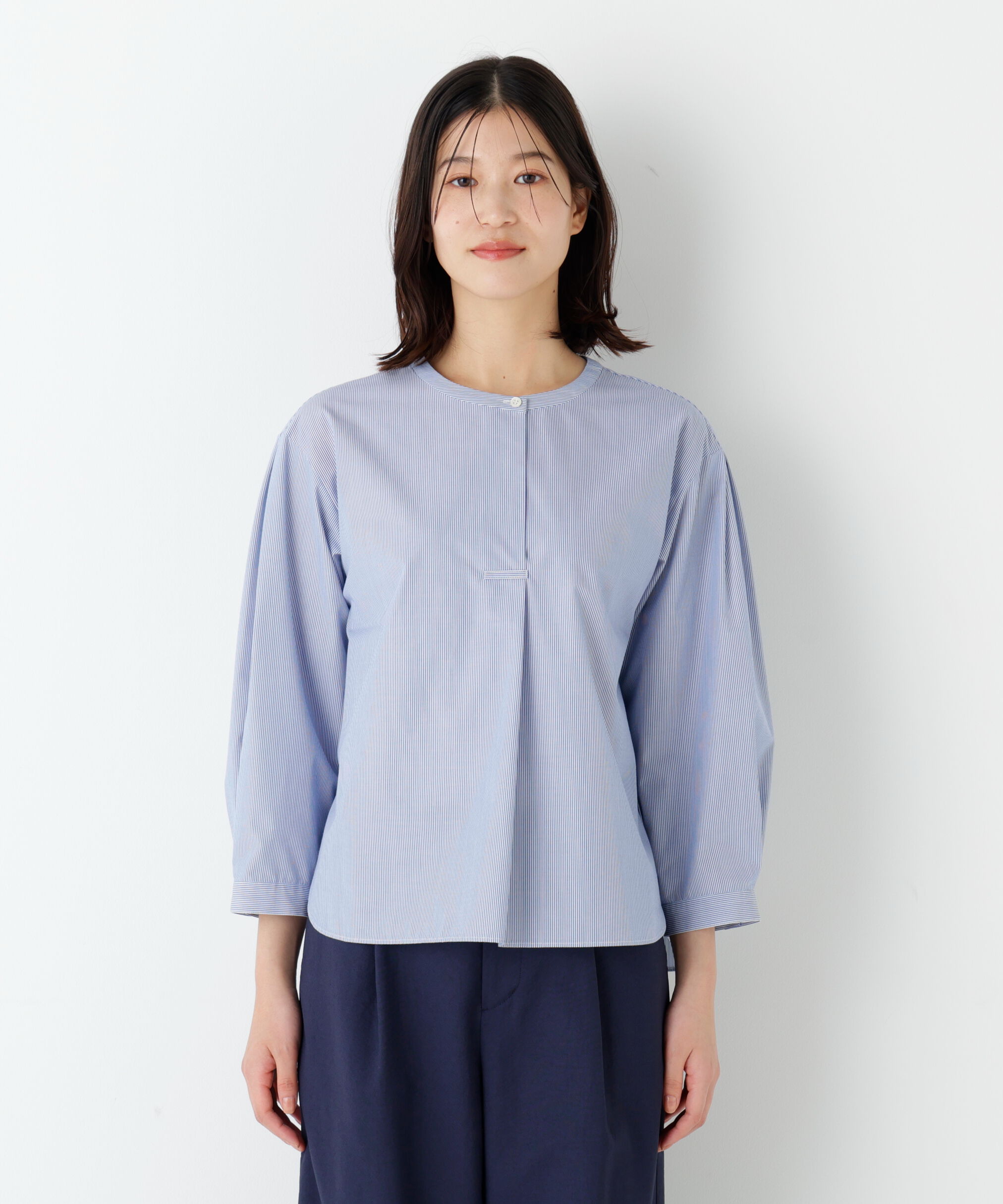  「◆《ウォッシャブル》綿ポリエステル先染ノーカラーブラウス」|シャツ・ブラウス|