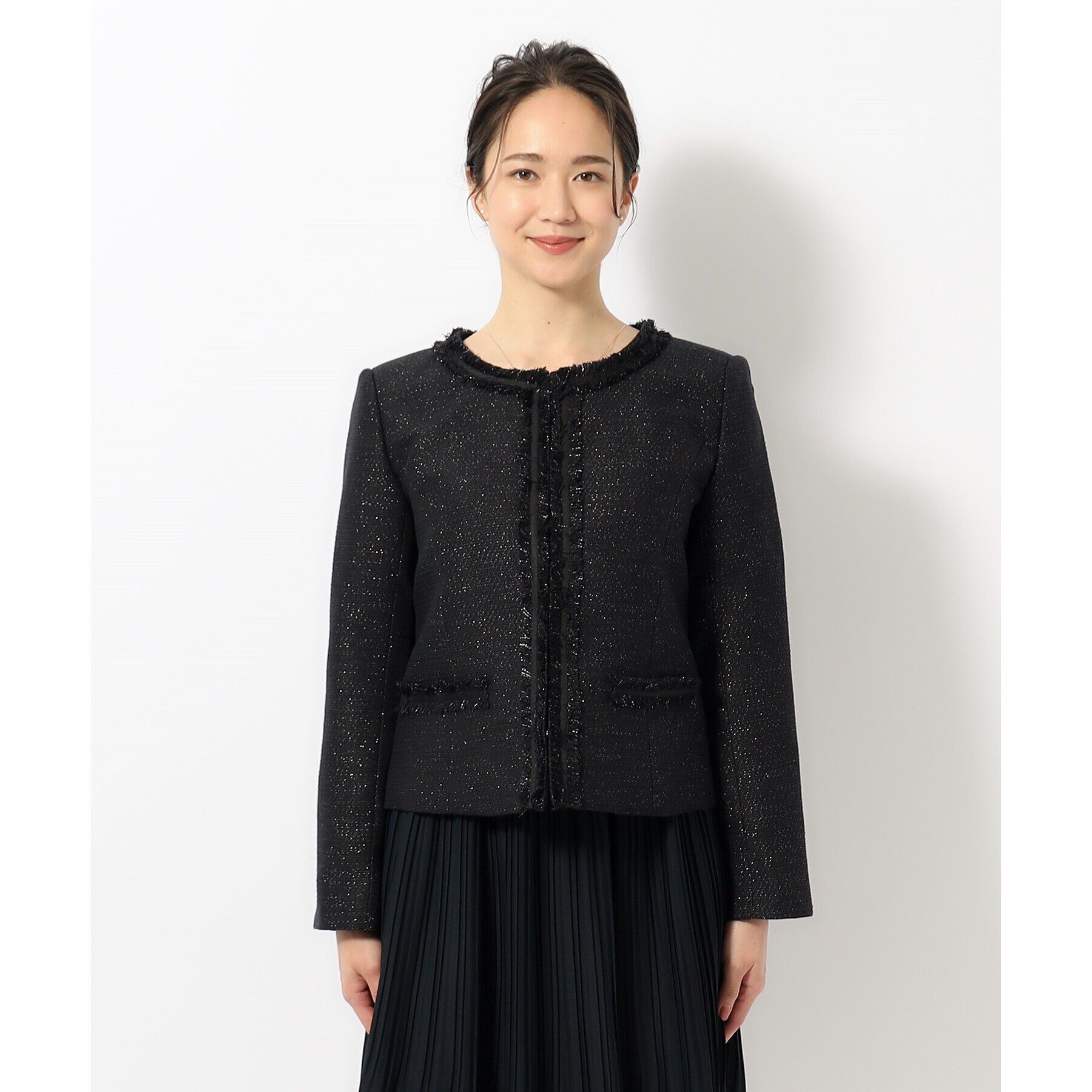 SHOO･LA･RUE「【S-3L】ツイードフリンジノーカラージャケット」|ノーカラージャケット|