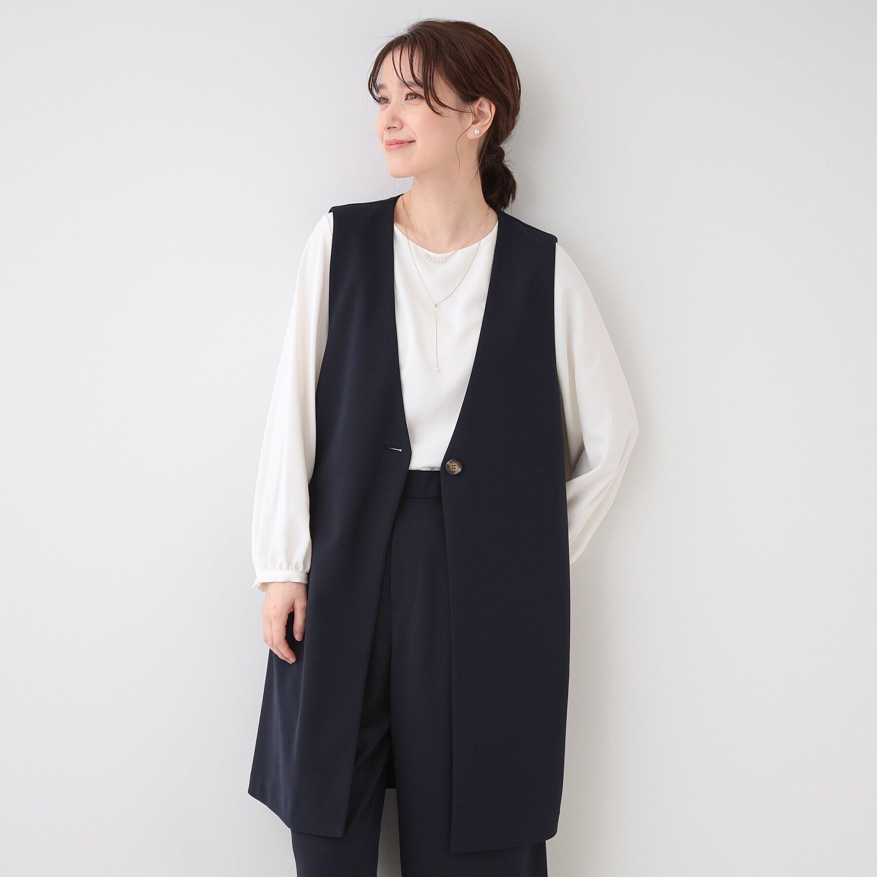 SHOO･LA･RUE「【洗える/S-3L/セットアップ可】セレモニーや通勤にも カットジョーゼット ジレ」|ベスト・ジレ|ネイビー(094)