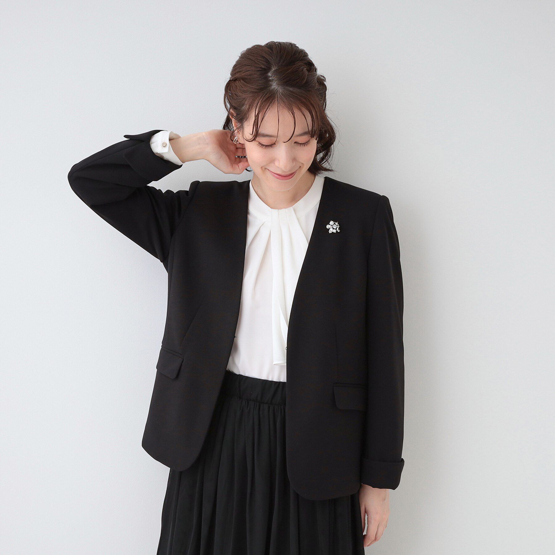 SHOO･LA･RUE「【洗える/S-3L/セットアップ可】セレモニーや通勤に カットジョーゼット Vネックジャケット」|ノーカラージャケット|