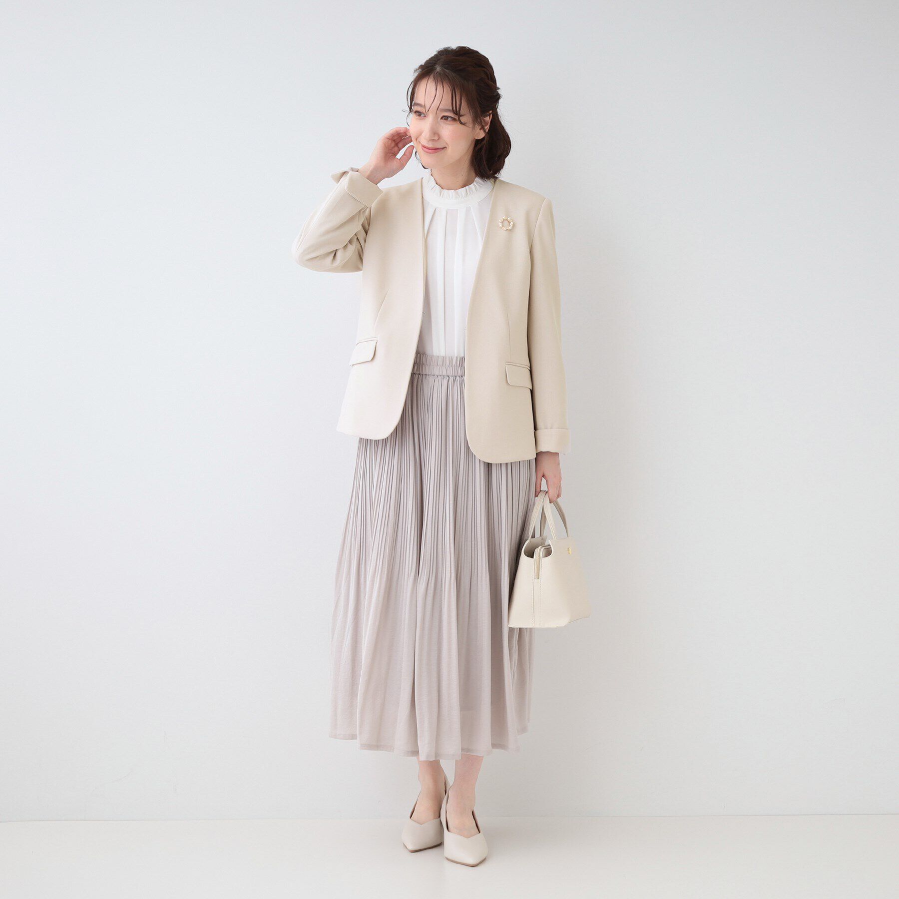 SHOO･LA･RUE「【洗える/S-3L/セットアップ可】セレモニーや通勤に カットジョーゼット Vネックジャケット」|ノーカラージャケット|