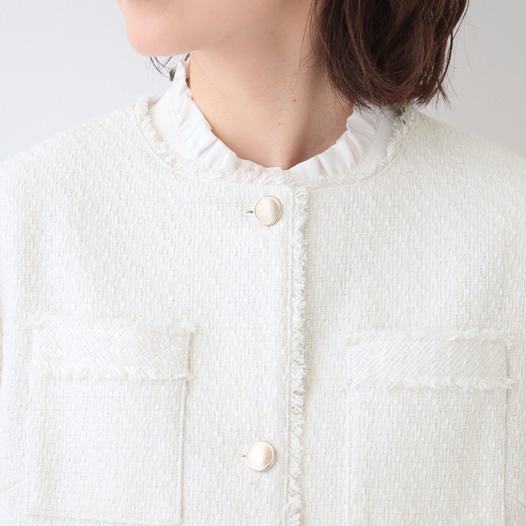 SHOO･LA･RUE「【S-3L/セレモニーからデイリーまで】フリンジツイードジャケット」|ノーカラージャケット|