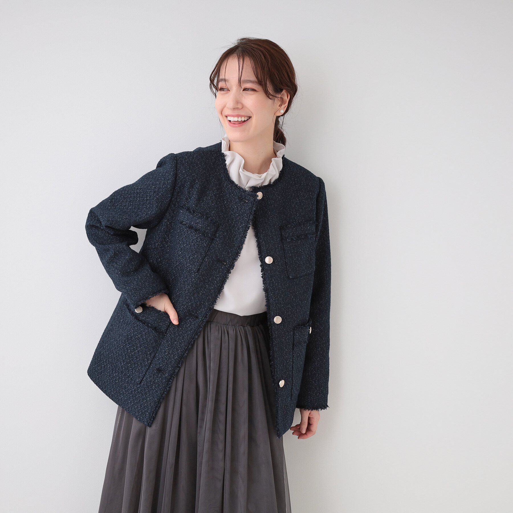 SHOO･LA･RUE「【S-3L/セレモニーからデイリーまで】フリンジツイードジャケット」|ノーカラージャケット|