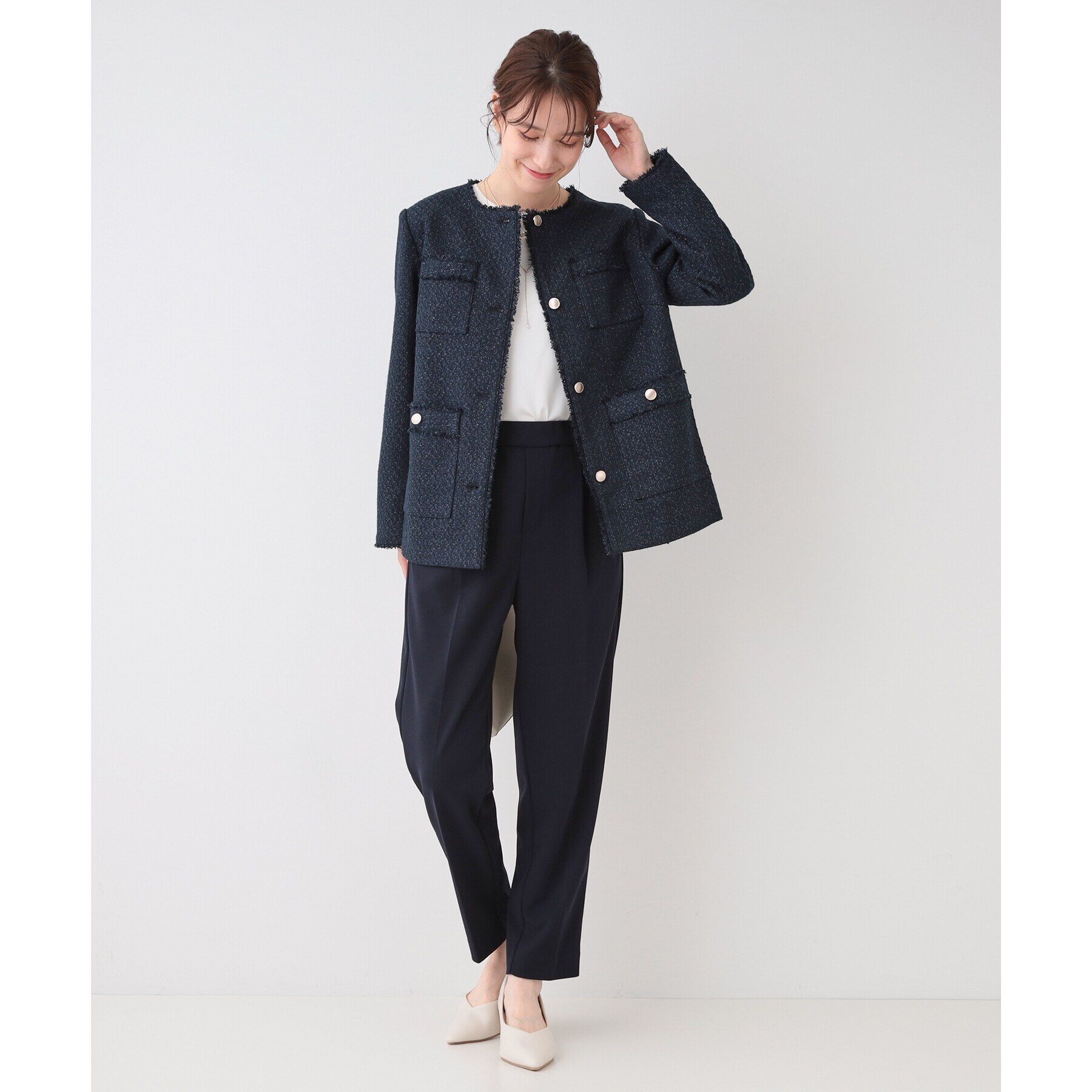 SHOO･LA･RUE「【S-3L/セレモニーからデイリーまで】フリンジツイードジャケット」|ノーカラージャケット|