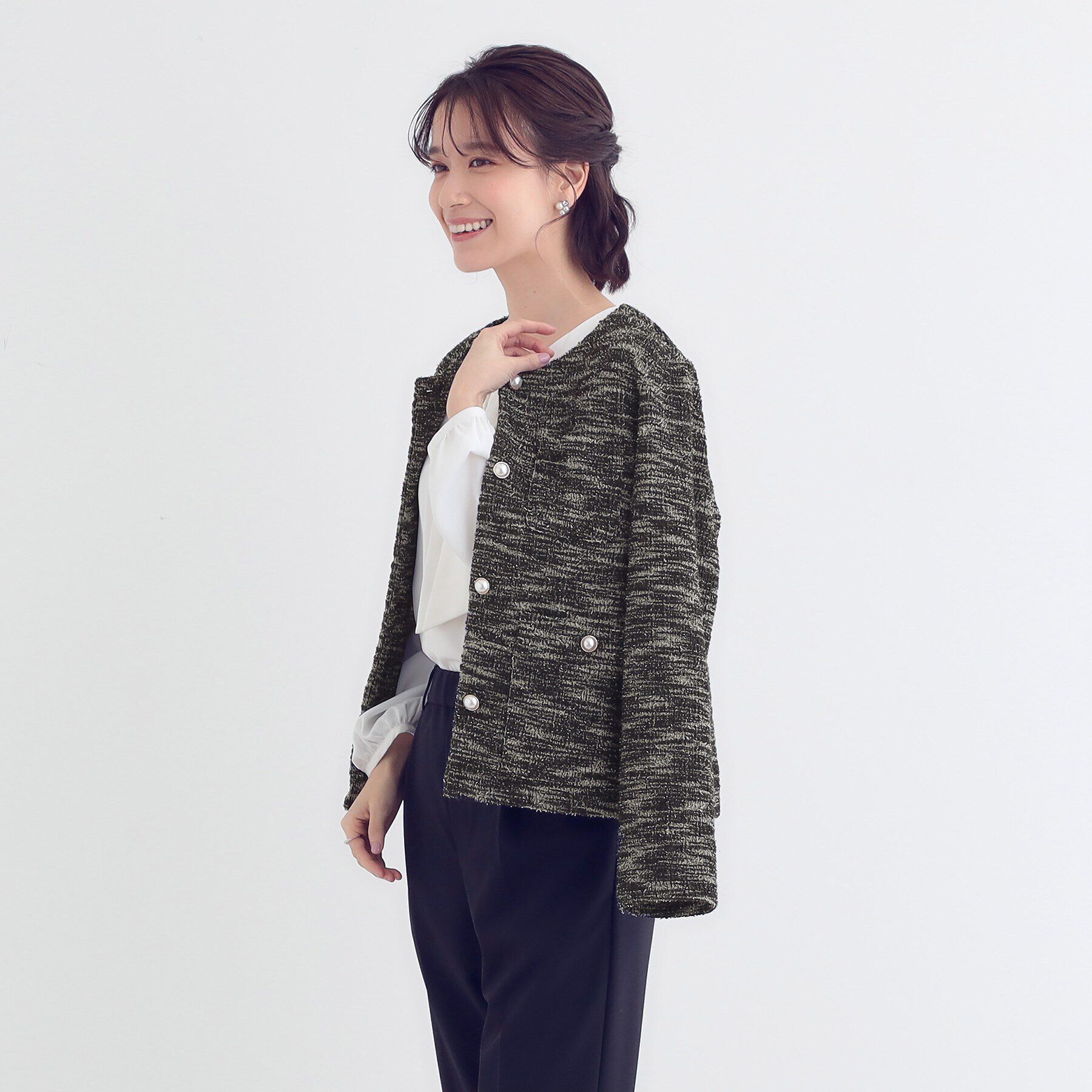 SHOO･LA･RUE「カットツイードジャケット」|ノーカラージャケット|