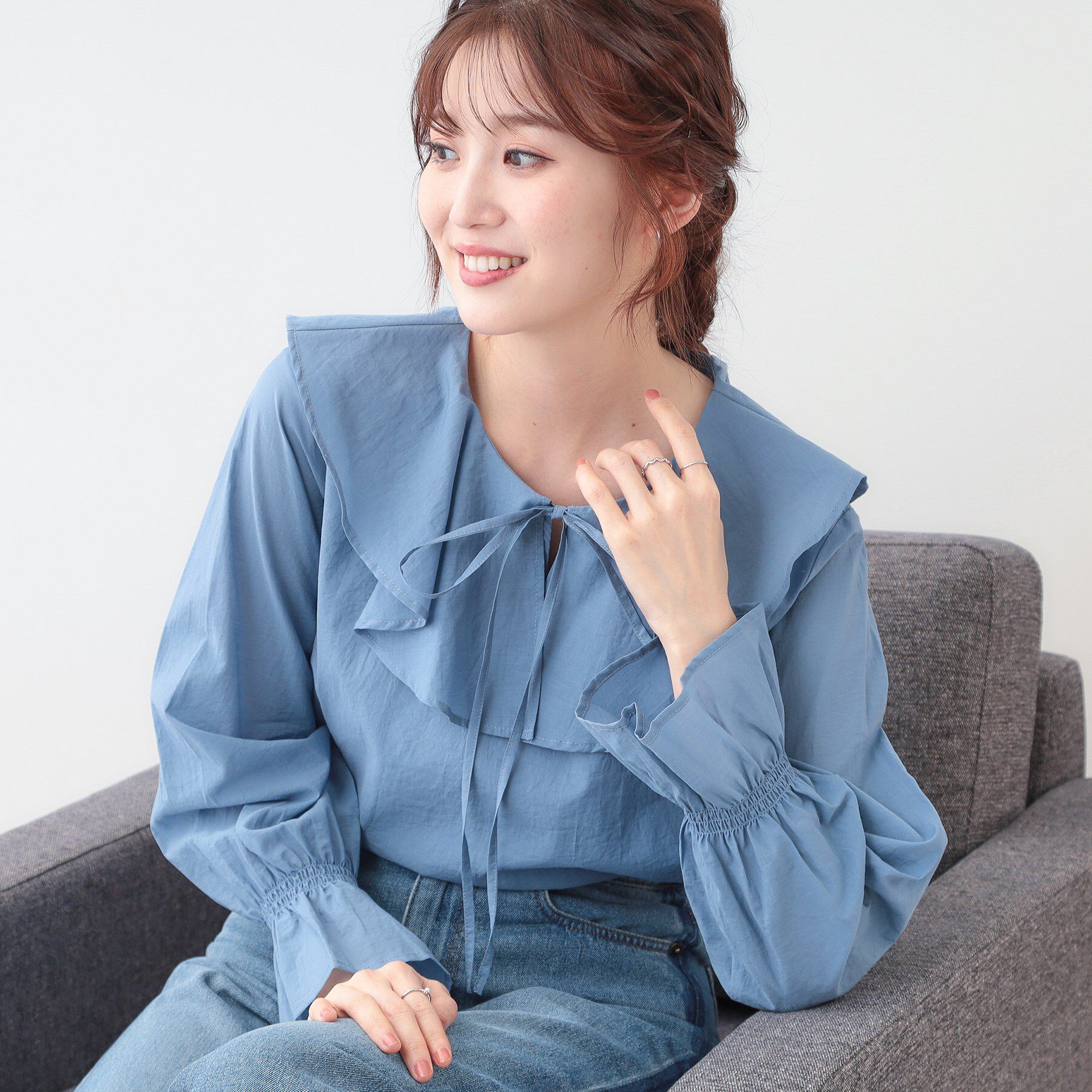 SHOO･LA･RUE「【洗える/S-LL】甘すぎない大人のフリルブラウス」|シャツ・ブラウス|ブルー(091)