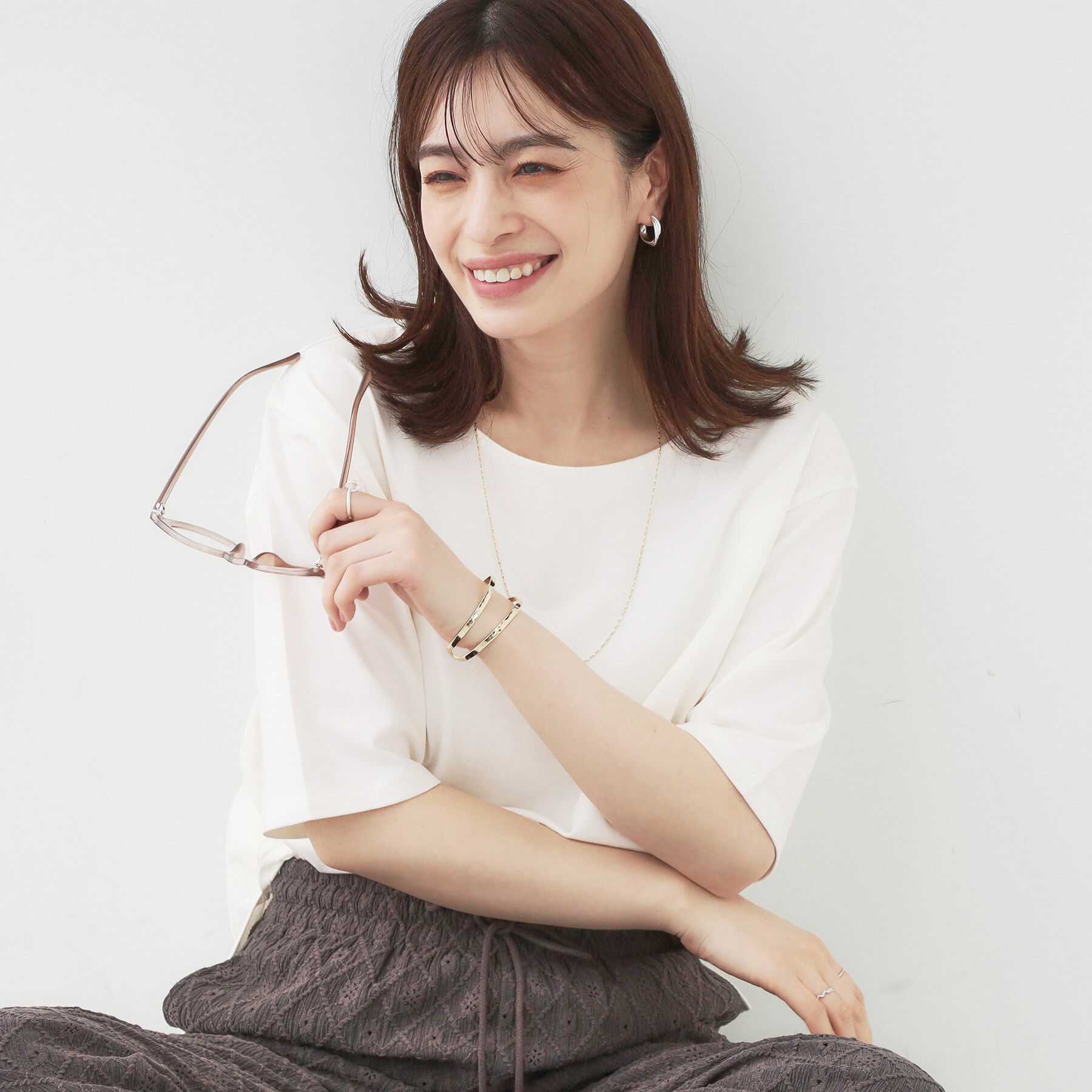 SHOO･LA･RUE「【洗える/S-LL/綿100％】5分袖ボートネックトップス」|Tシャツ・カットソー|ホワイト(001)